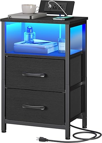 Miniatura 10 de HOOBRO Mesita de noche con estación de carga y luz LED, mesita de noche LED con 2 cajones de tela, mesa auxiliar con salidas y puertos USB, mesitas