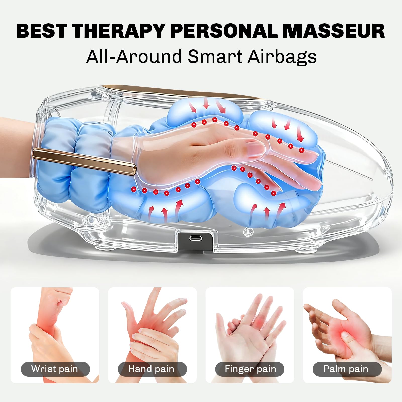 Handmassagegerät mit Wärme, Elektrisches Kompressionstherapiegerät, 3 Druckstufen, Finger zum Handgelenk (Weiß, Allgemein)