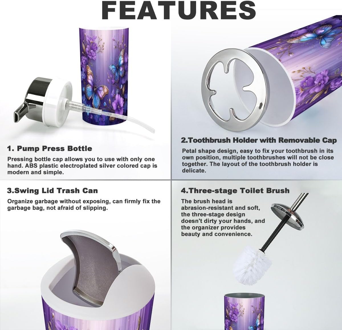 Bathroom Accessories Set 6 Pcs Purple Floral Butterfly Modern Elegant Butterflies Purple Flowers Gold Toothbrush Holder Cup Soap Dispenser Soap Dish Toilet Brush Holder Trash Can for Countertop Decor