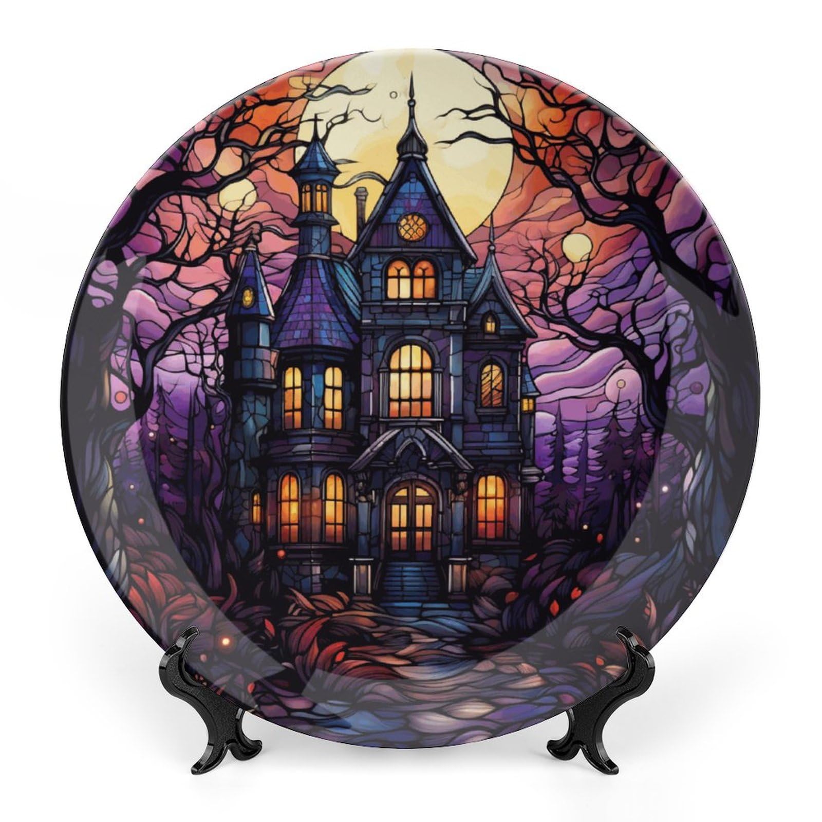 Haunted House Scary Night Decorative Plates Halloween Home Decor Ceramic Plates, Stained Glass Design Dinner Plates Display for Living Room, Hallway Console Side Table, 10 Inch