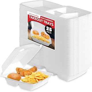 Stock Your Home 8x8 Clamshell Take Out Boxes (25 Pack) Medium 3-Compartment Foam Food Containers Disposable Lunch Container, Restaurant Togo Trays with Hinged Lids for Takeout, Carryout, and Meal-Prep