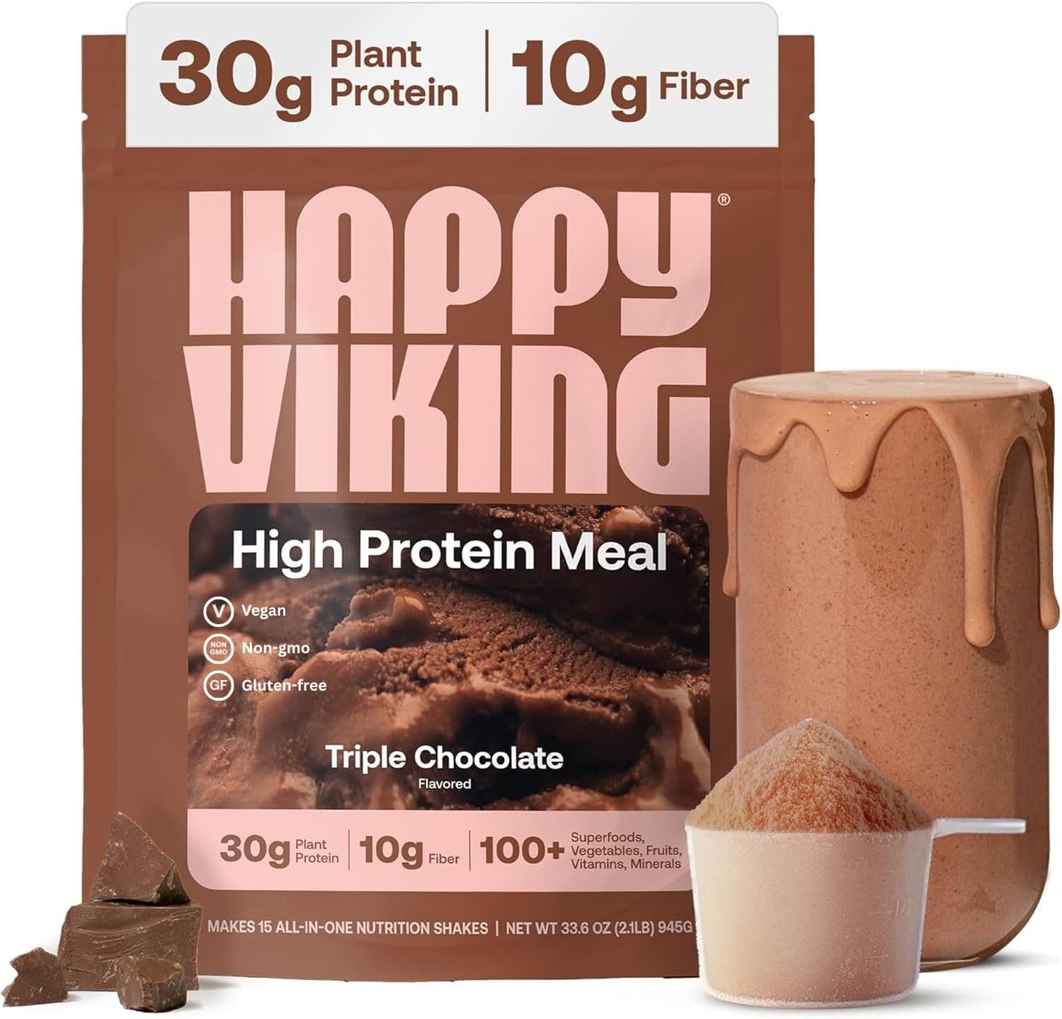 Happy Viking Plant-Based Vegan Protein Powder +100 Superfoods Chocolate Meal Replacement Shake, Created by Venus Williams, 30g Plant Protein, 10g Fiber, Gluten-Free, Non-GMO, 15 Meals
