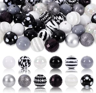 Whaline 50Pcs 20mm Cow Beads 12 Styles Mixed Buffalo Plaid Bubblegum Beads Set Black Grey White Spacer Bead Chunky Beads Jumbo Plastic Beads for Crafts and Jewelry Making Boutique Craft Supplies