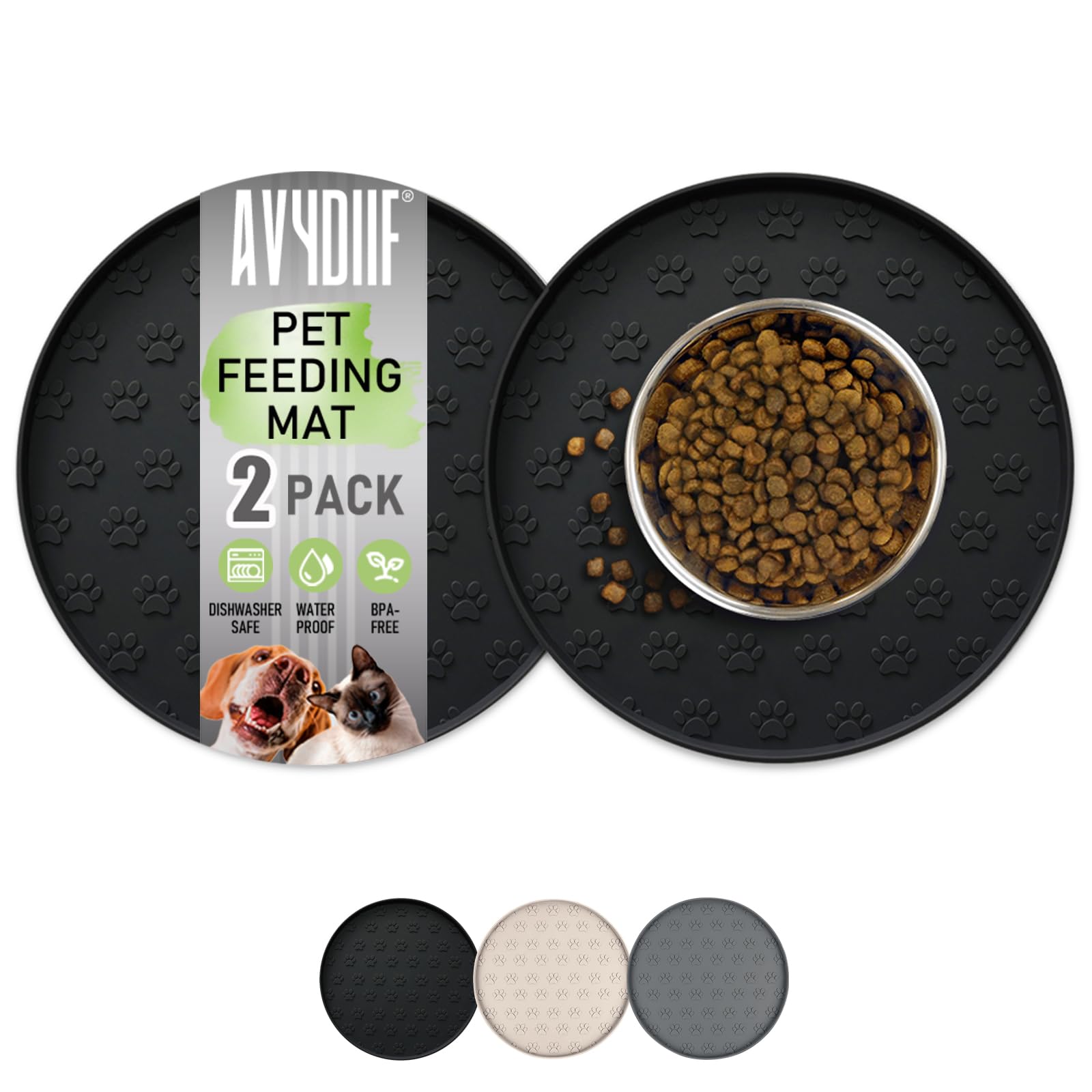 AVYDIIF Pet Feeding Mats for Food and Water, Waterproof Anti-Slip Placemats for Dog Cat Bowl, 2 Pack Silicone Pet Food Mat, Dishwasher Safe 10.9 ×