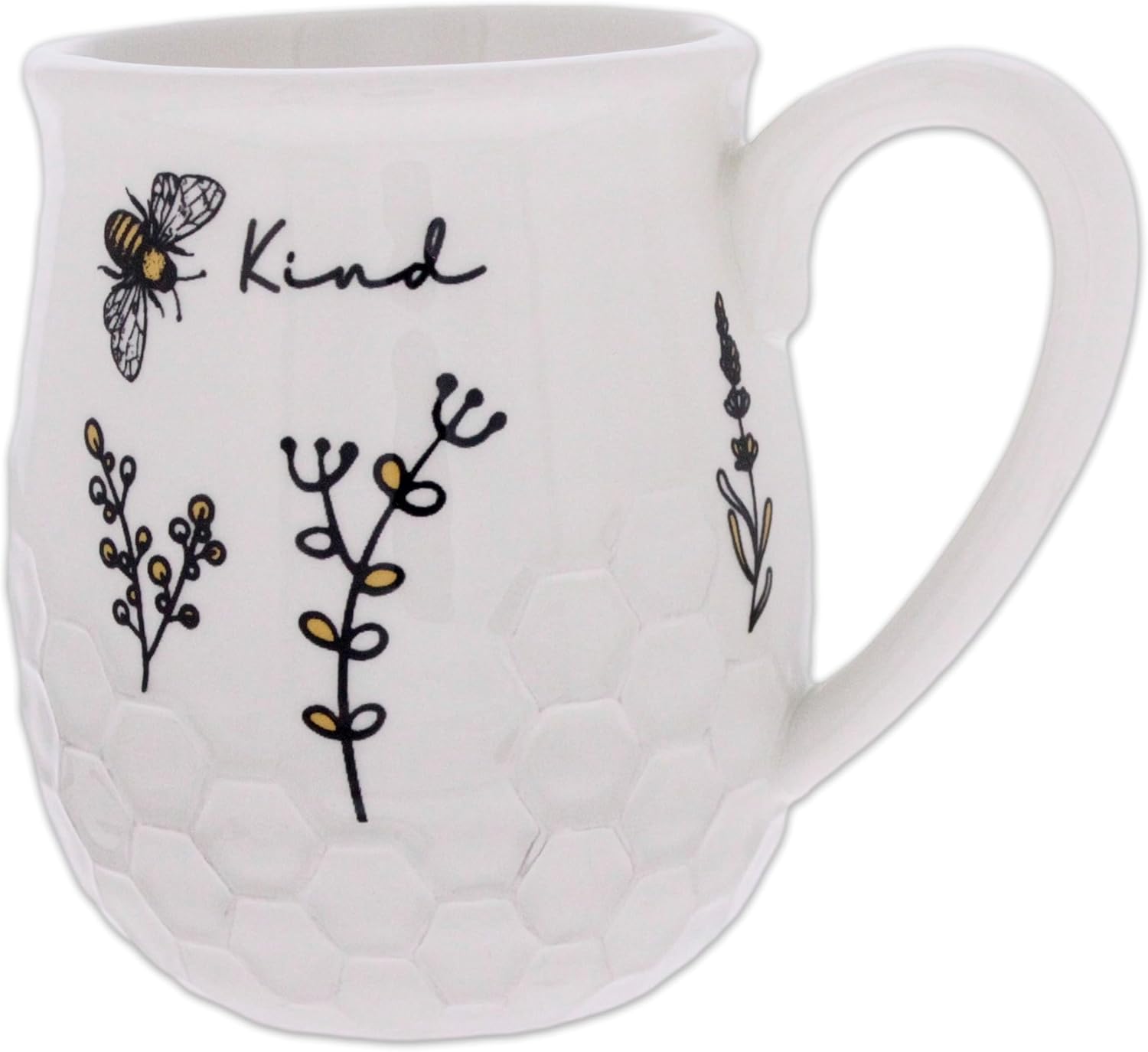 The Bridge Collection Bee Kind Ceramic Mug – White Honeycomb Pattern Mug With Bee And Floral Design – Inspirational Honeybee Coffee Cup