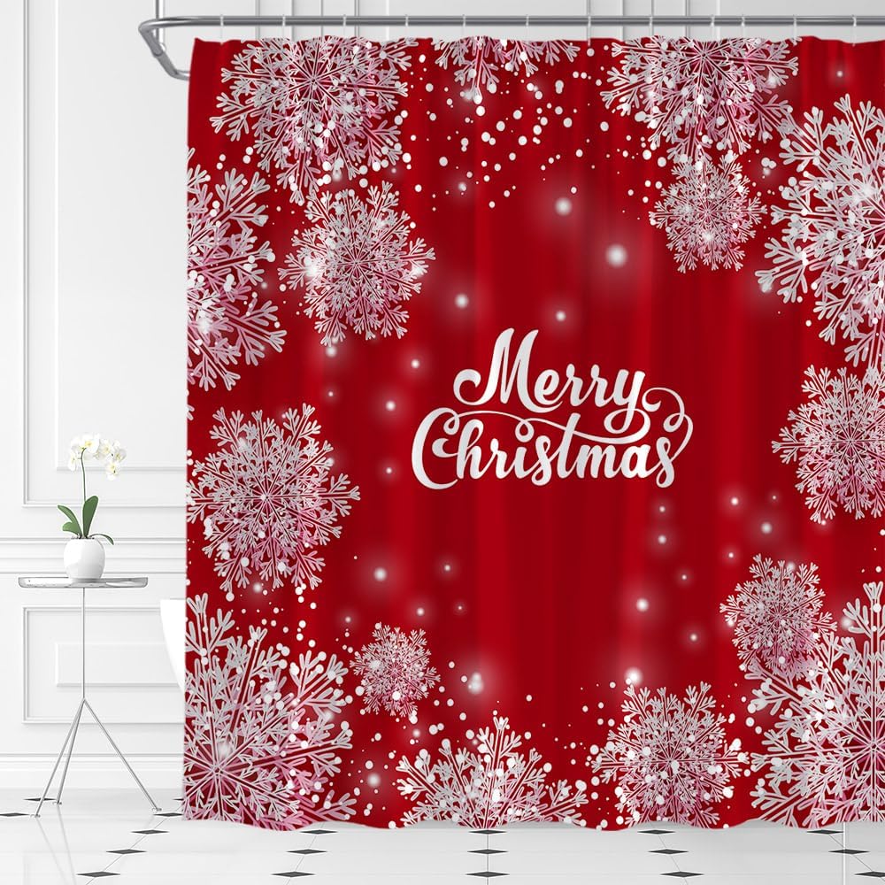 Snowflake Shower Curtain Red Christmas Snowflake Merry Christmas Winter Holiday Happy New Year Fabric Bathroom Decor Set with Hooks(70" Wx84 H)