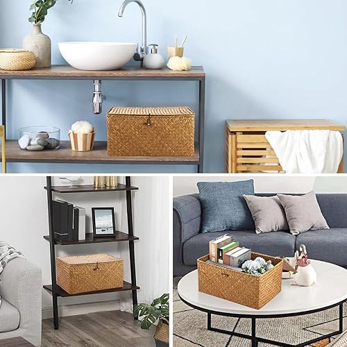 Miniatura 3 de Hipiwe Cestas de mimbre con tapa, cesta de pastos marinos tejida a mano, cestas rectangulares para el hogar, cajas para estantes, armario,