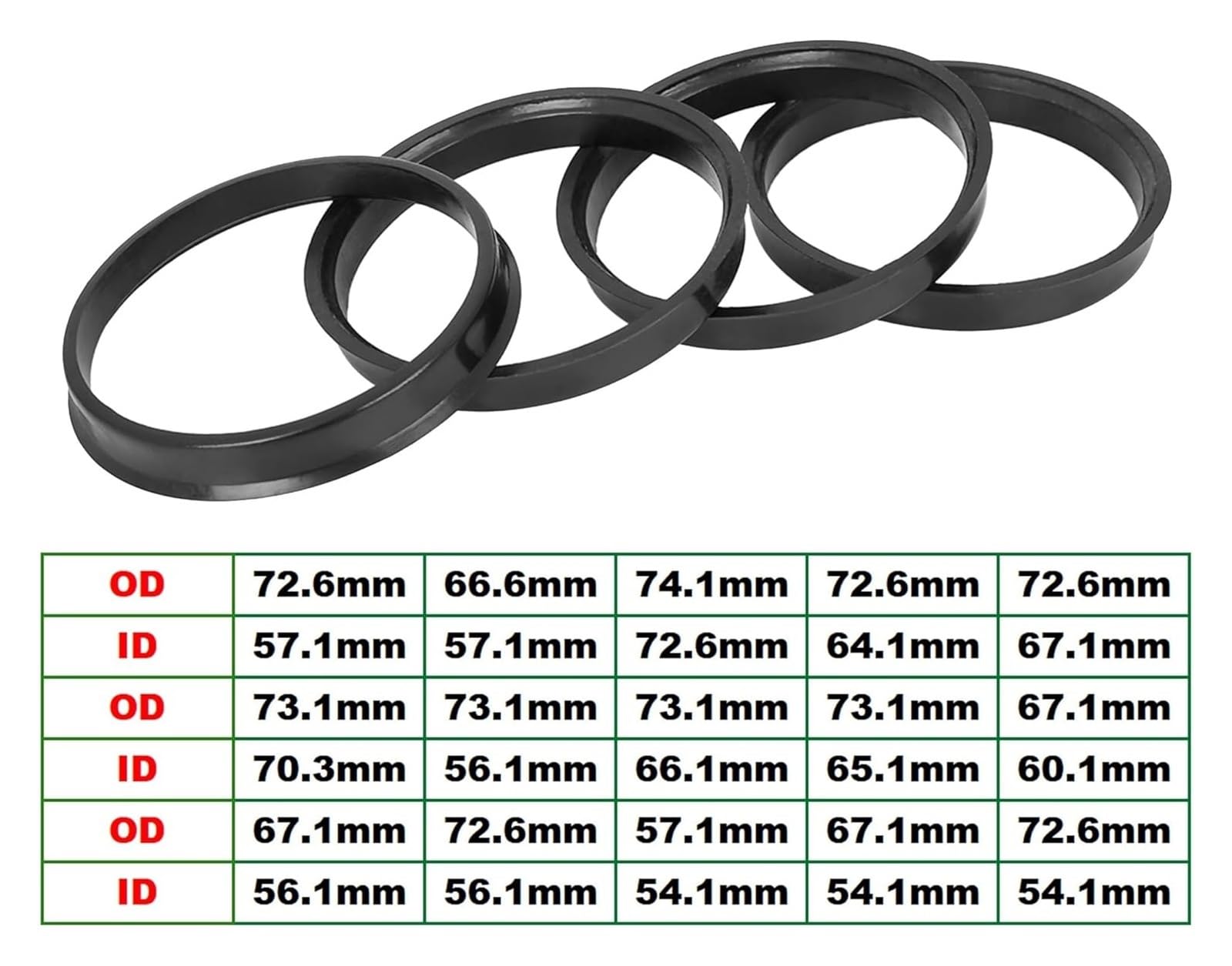 Pierścienie centrujące piasty samochodowe, 67,1 mm do 60,1 mm 72,6 mm do 57,1 mm 66,6 mm do 57,1 mm Pierścienie centrujące piasty samochodowe Pierścień dystansowy otworu koła(66.6mm to 57.1mm)