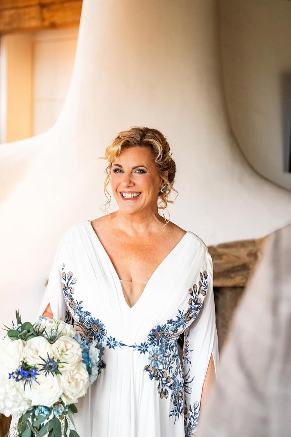 Boho Long Sleeve Wedding Dresses for Bride Blue Floral Embroidered Chiffon V Neck Maxi Bridal Gowns with Train - Image 7