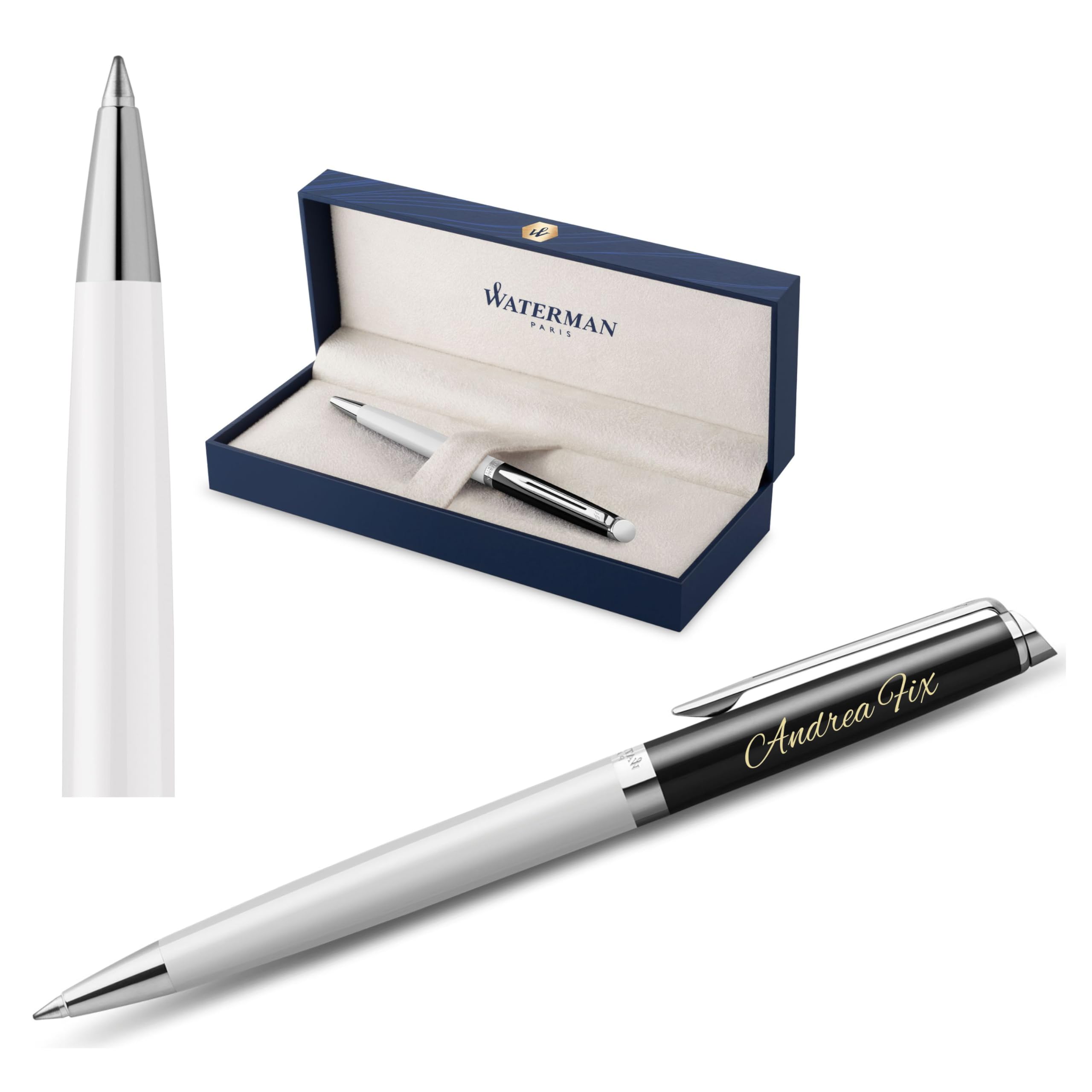 Waterman Hémisphère - Bolígrafo con grabado, pluma de lujo personalizada, regalo elegante para hombres y mujeres, tinta azul (BLOCK BLACK&WHITE)