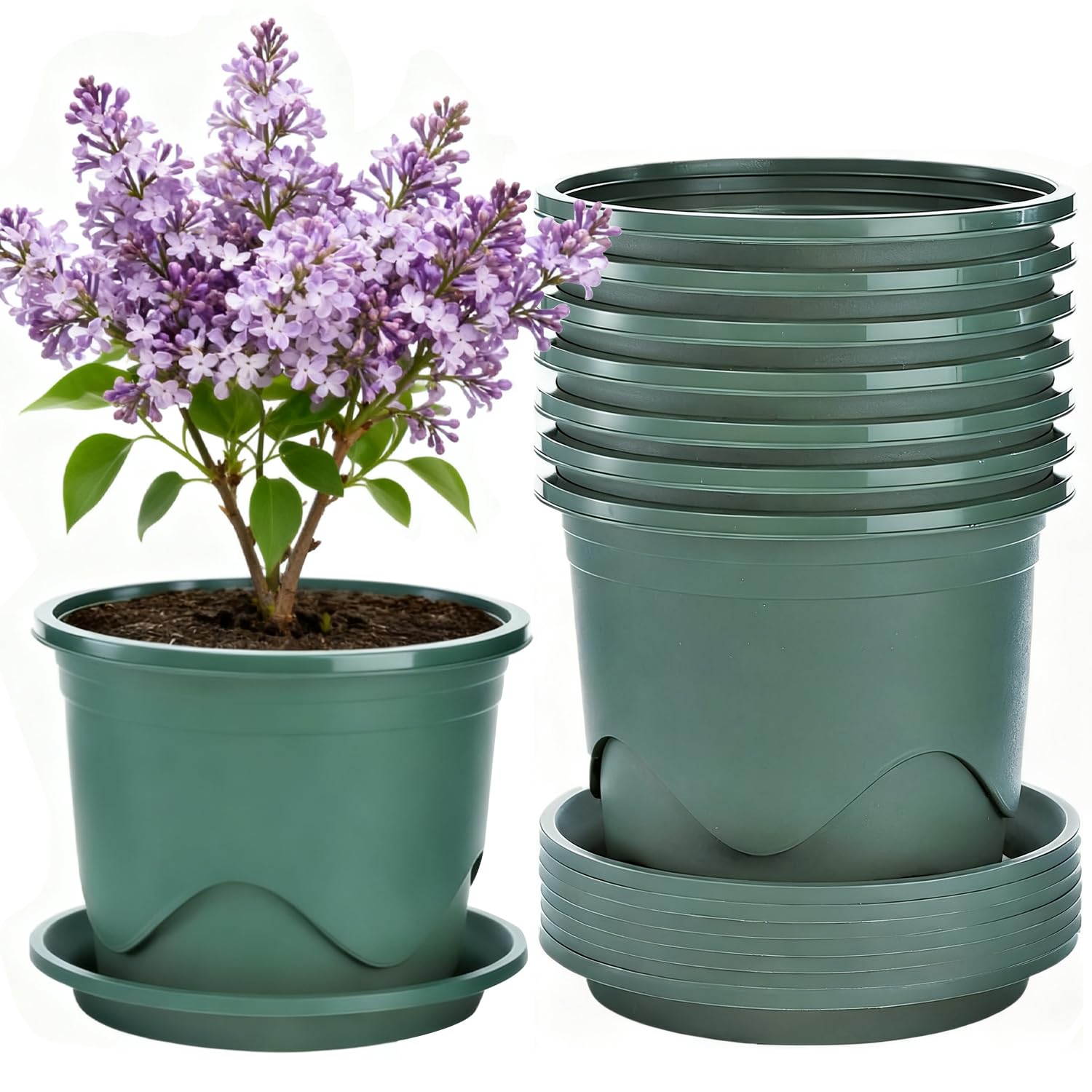 LOSYHU 8 Pack Plastic Plant Pots, 16CM Thicken Flower Pot with Saucer, Seedling Nursery Pots Decorative Garden Plant Container for Indoor Outdoor Bonsai Plants (Green)