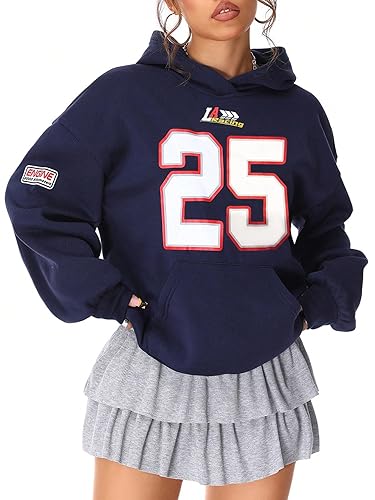 Hoodies for Women Number Graphic Hooded Sweatshirt Drop Shoulder Long