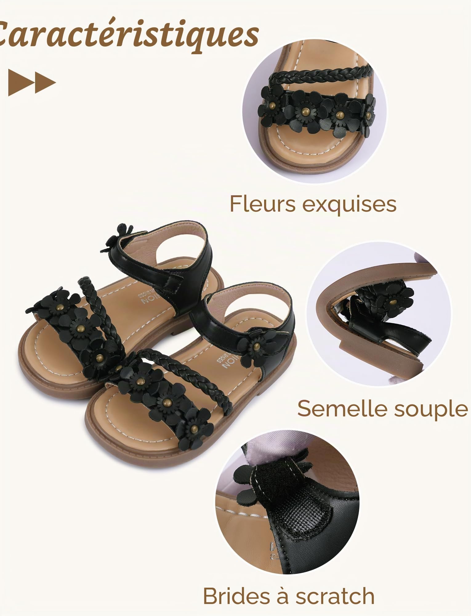 SEAUR Chaussures Ete Fille Sandale à Fleurs Sandales Élégante Fille Chaussures Bout Ouvert Sandales Cuir Enfant