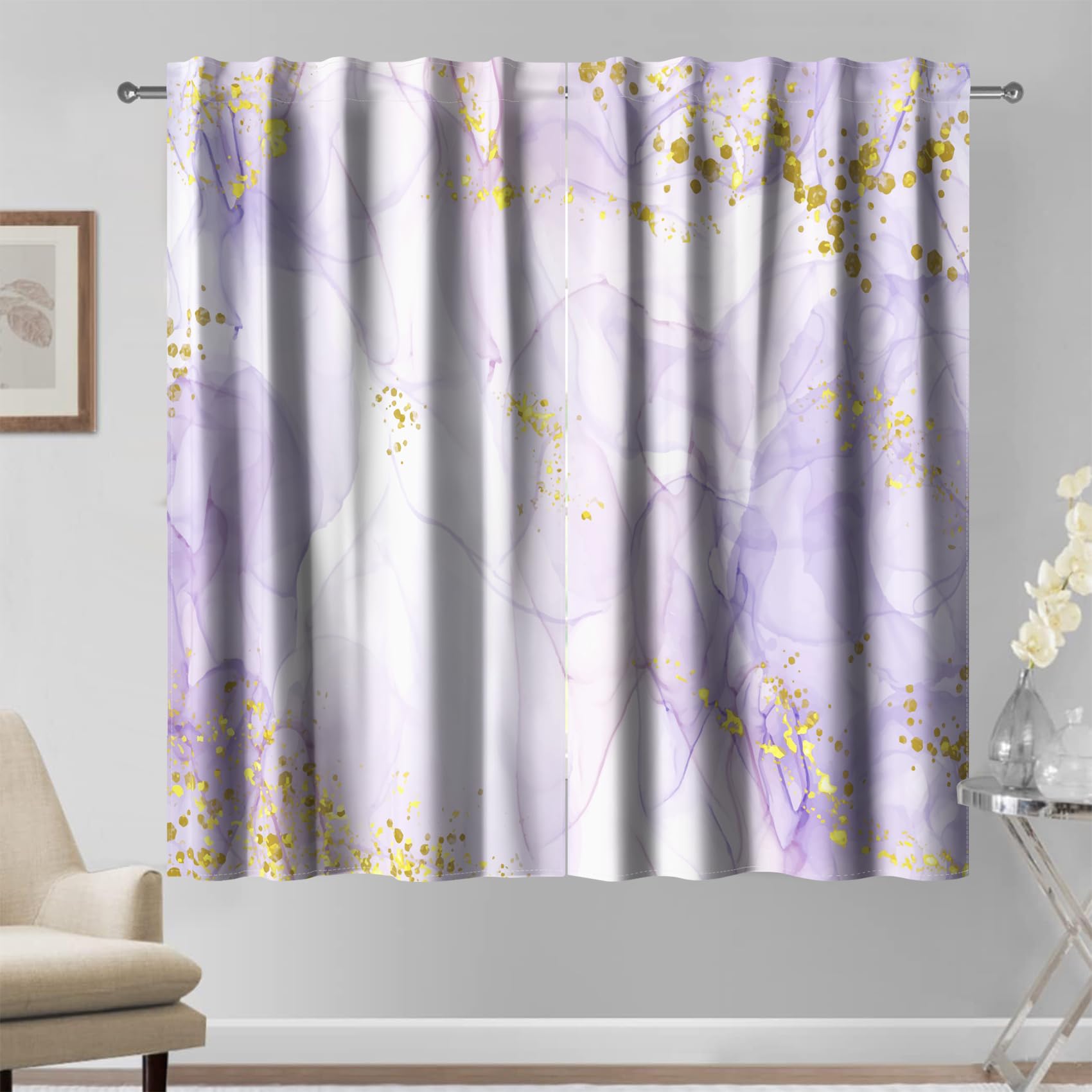 Kzzfqxb 117×138cm Purple Marble Curtains, Violet Mist Haze Golden Spots Fantasy Dreamy 2 Panels Living Room Bedroom Drape, Modern Art Marble Texture Luxury Room Decor — image 1