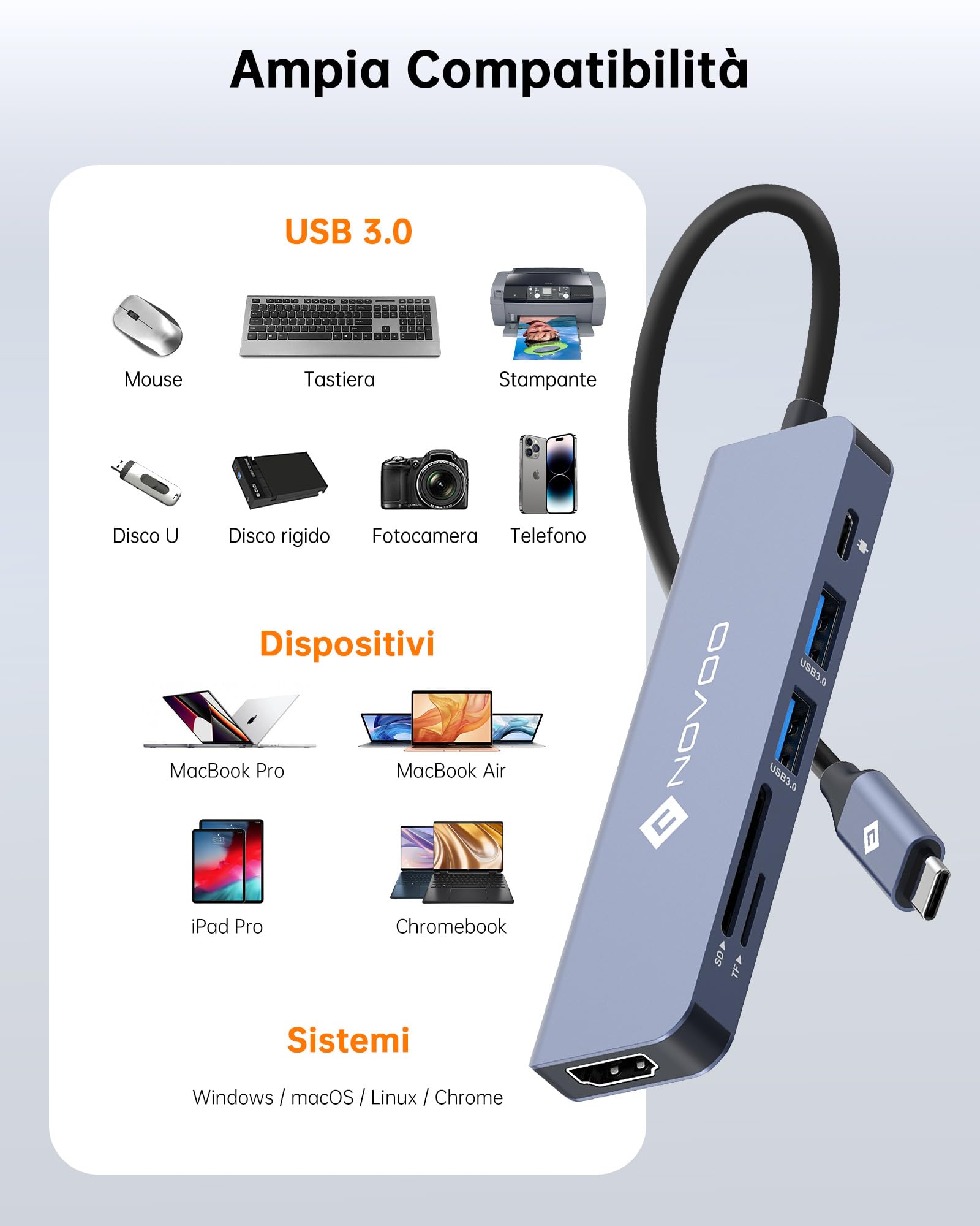 NOVOO Multi-Port USB C Hub, 6 w 1 USB C do HDMI Adapter z 100W PD ładowaniem, HDMI 4K, 2 USB 3.0 porty, SD/Micro SD czytnik, dla MacBook Air/PRO i innych urządzeń typu C (Cable10cm)