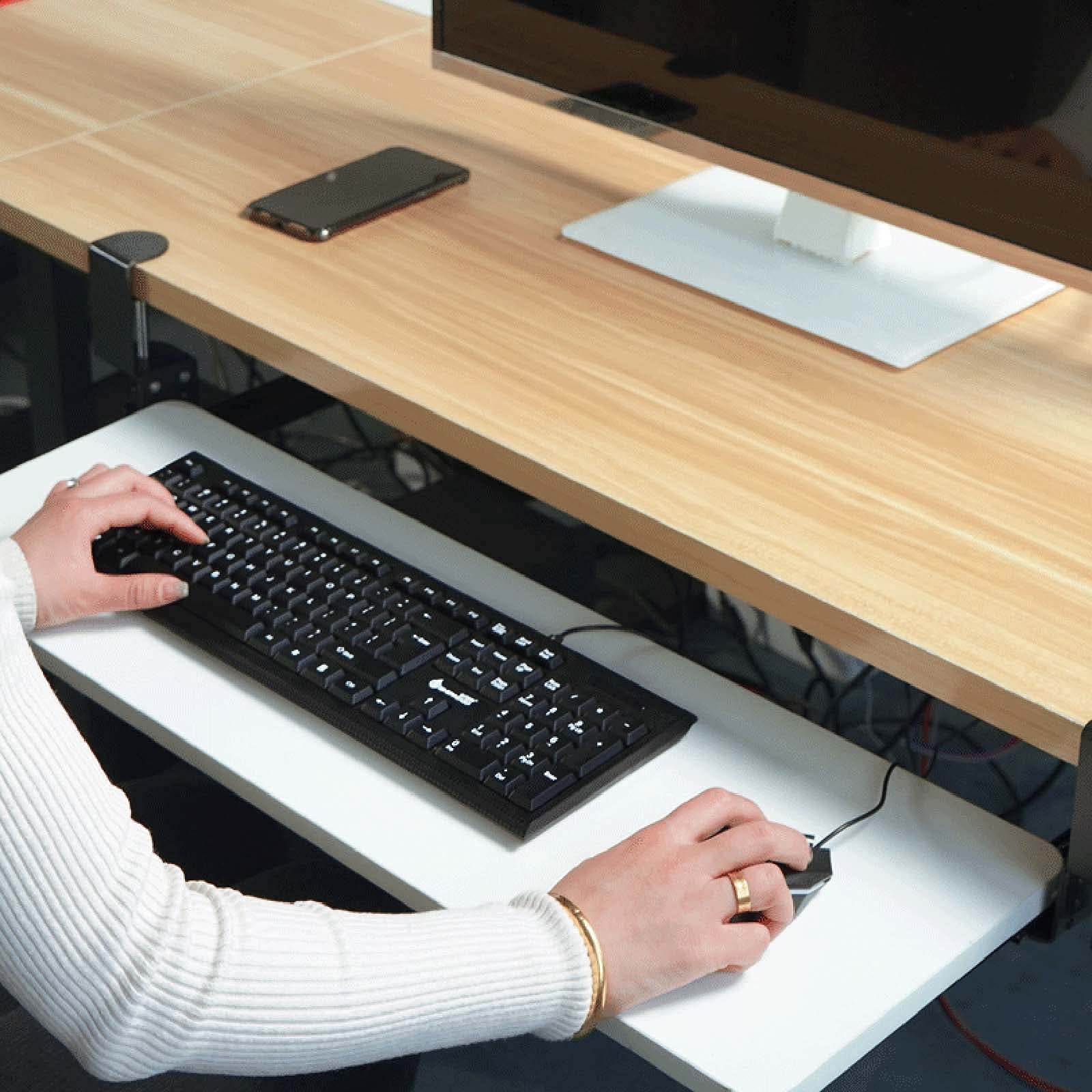 Ergonomia Półka Na Klawiaturę Pod Biurkiem, Szuflada Na Klawiaturę, Biały Wysuwany Powiększony Uchwyt Na Mysz Z Klawiaturą, Z Dodatkowym Wytrzymałym Systemem Mocowania Zaciskowego C
