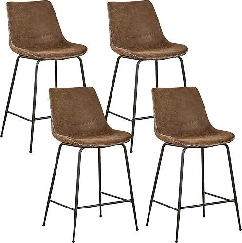 MoomJiee Juego de 4 taburetes de bar de piel sintética, modernos de mediados de siglo, con patas de metal y reposapiés, sillas de comedor sin brazos