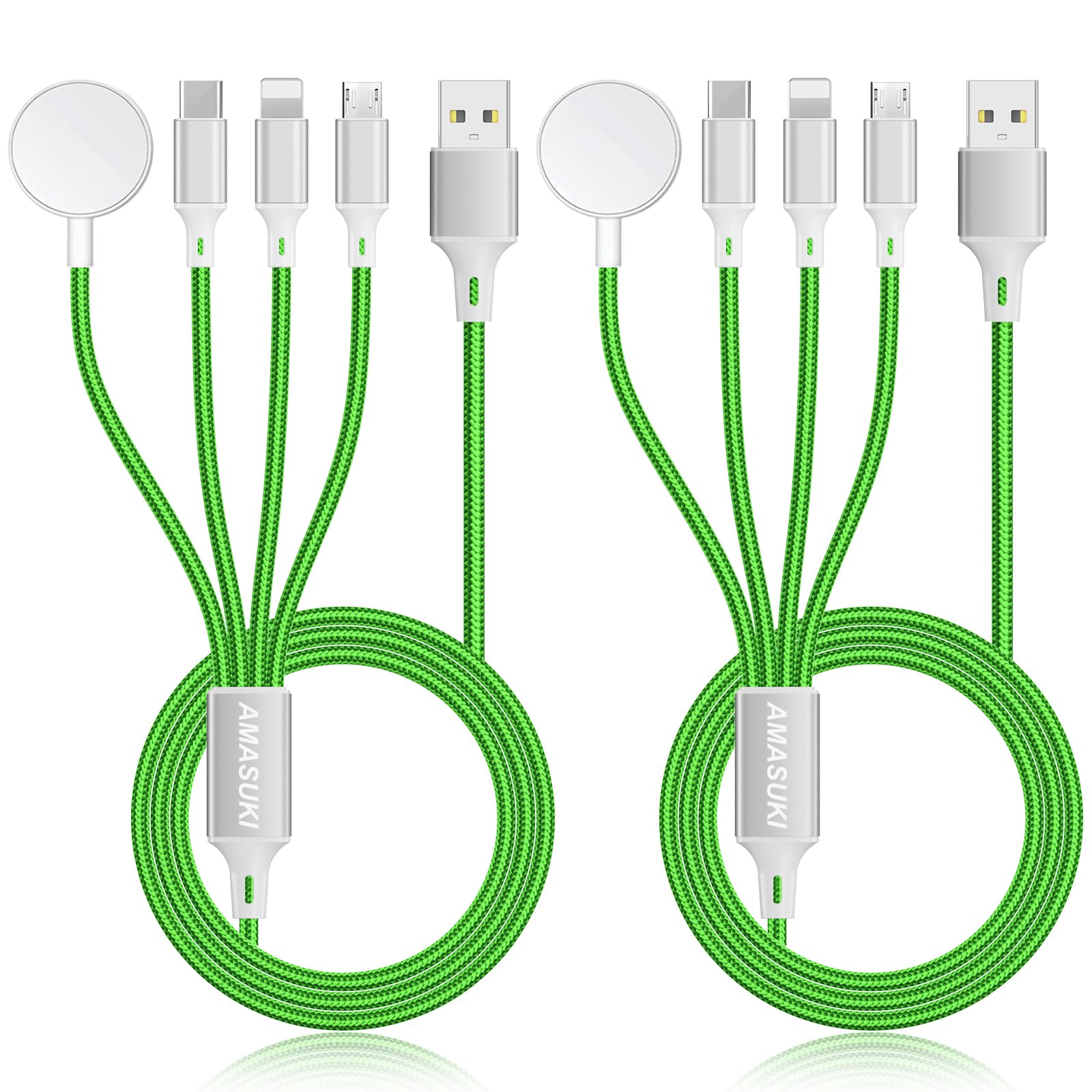 2Pack Multi Charging Cable for Apple Watch Charger 4 in 1 Travel Essentials RV Camping Essentials USB C/L/Micro Compatible with iWatch Series 11-1/iPhone 17/16/15/Android Airplane Gadgets-4FT/Green