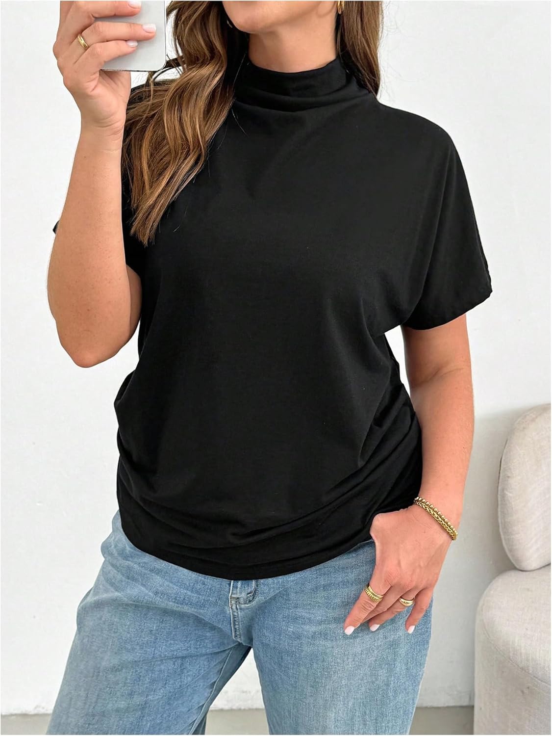 SHENHE Women's Plus Size Mock Neck Dolman Sleeve Top Bat Wing Casual Going Out Tshirt Shirt - Image 3