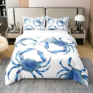 jejeloiu Beach Crab 100% Cotton Duvet Cover Set Twin Size Boys Girls Starfish Bedding Set Kids Teens Ocean Marine Themed Comforter Cover Sea Creatures Bedspread Cover Room Decor Bedcothes