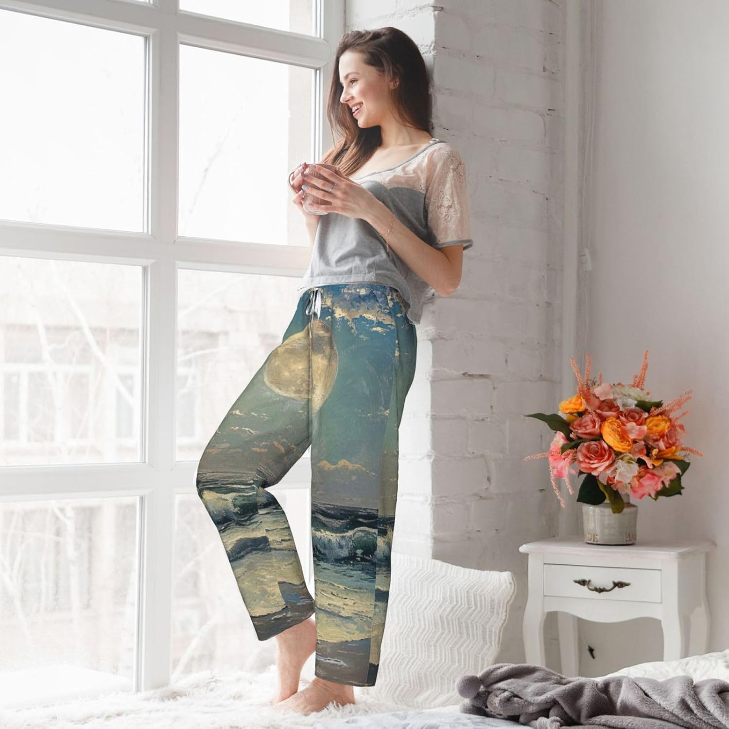 Moon And Sea Print Fashion Cozy Womens Flannel Pajama Pants,Perfect For Christmas And Everyday Wear