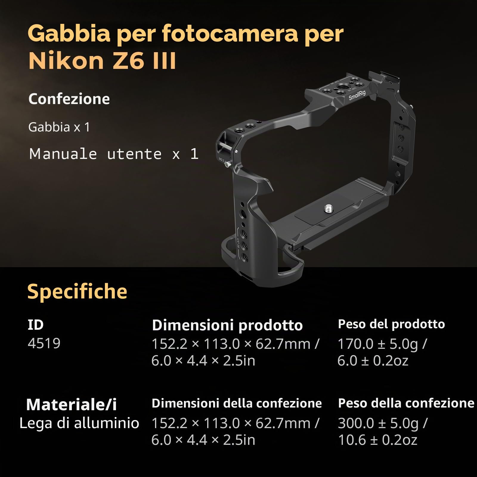 SMALLRIG Z6 III Cage per Nikon Z6 III, Gabbia Completa per Fotocamera in Lega di Alluminio con Design Anti-torsione, Piastra a Sgancio Rapido per Arca-Swiss - 4519