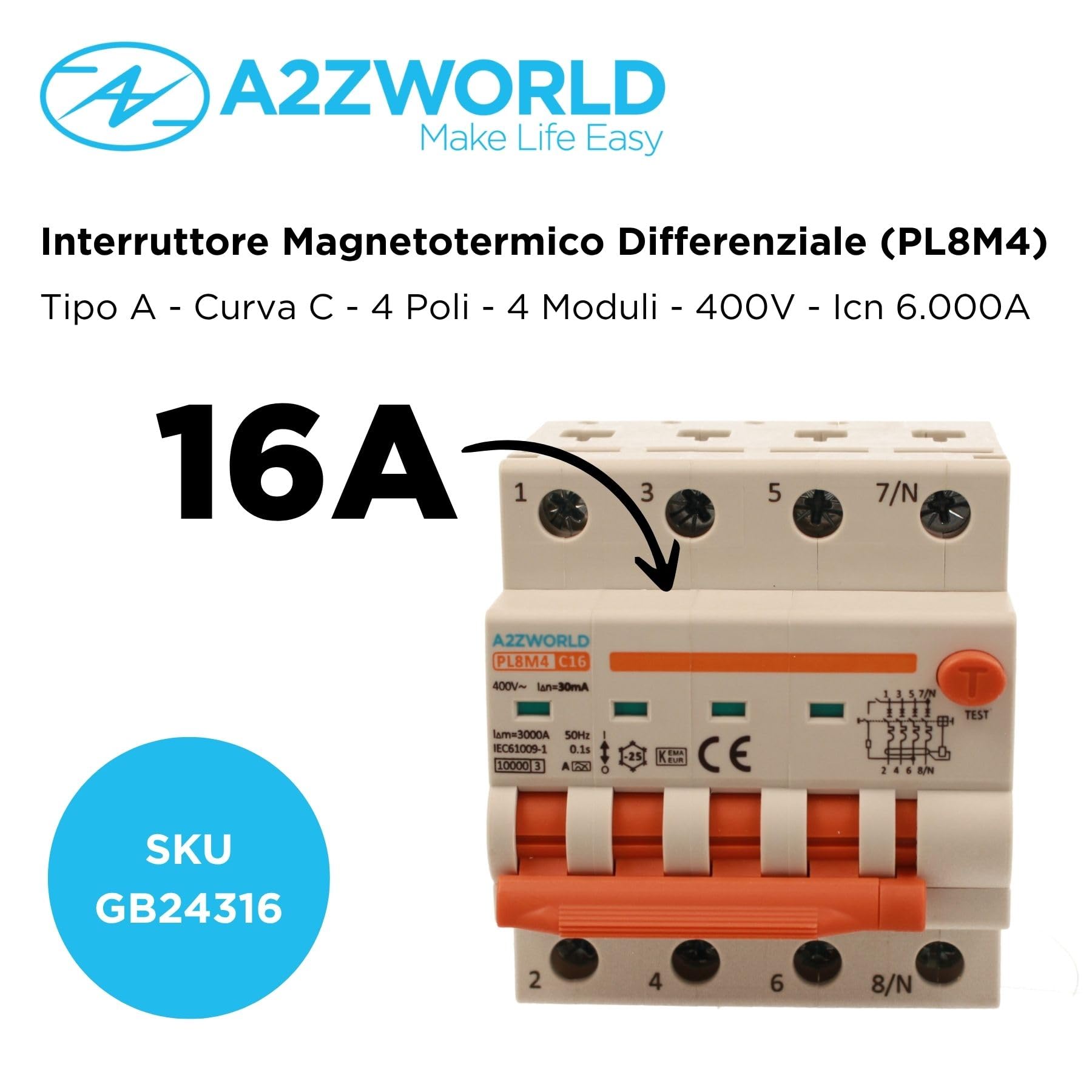 Interruttore Magnetotermico Differenziale Trifase, Tipo A 30mA 16A C16, 400V 4P Reale (NO 3P+N), Curva C 6kA 0,03A, Doppio Leva con Diagnostica Visiva, 4 Moduli DIN