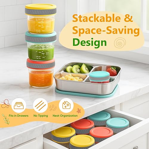 Miniatura 6 de Tronco Tarros de vidrio para almacenamiento de alimentos con tapas (4 onzas, paquete de 8) Alimentos para bebés, leche materna, aperitivos, puré