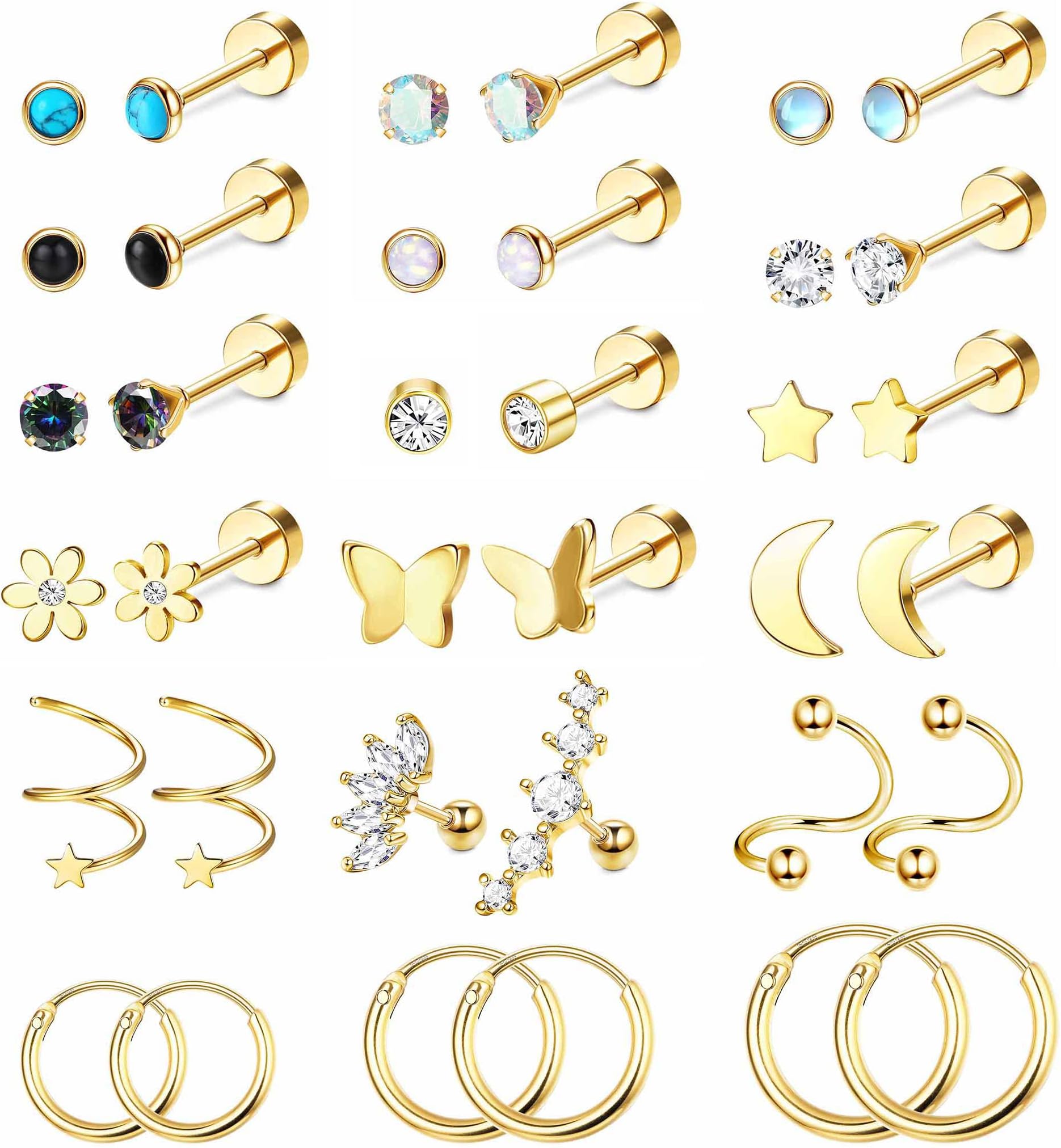 FIOROYAL18Pairs Surgical Steel Flat Back Earrings Hoop Earrings Helix Cartilage Earrings Set Hypoallergenic Moonstone Star Stud Earrings Helix Piercing Jewellery