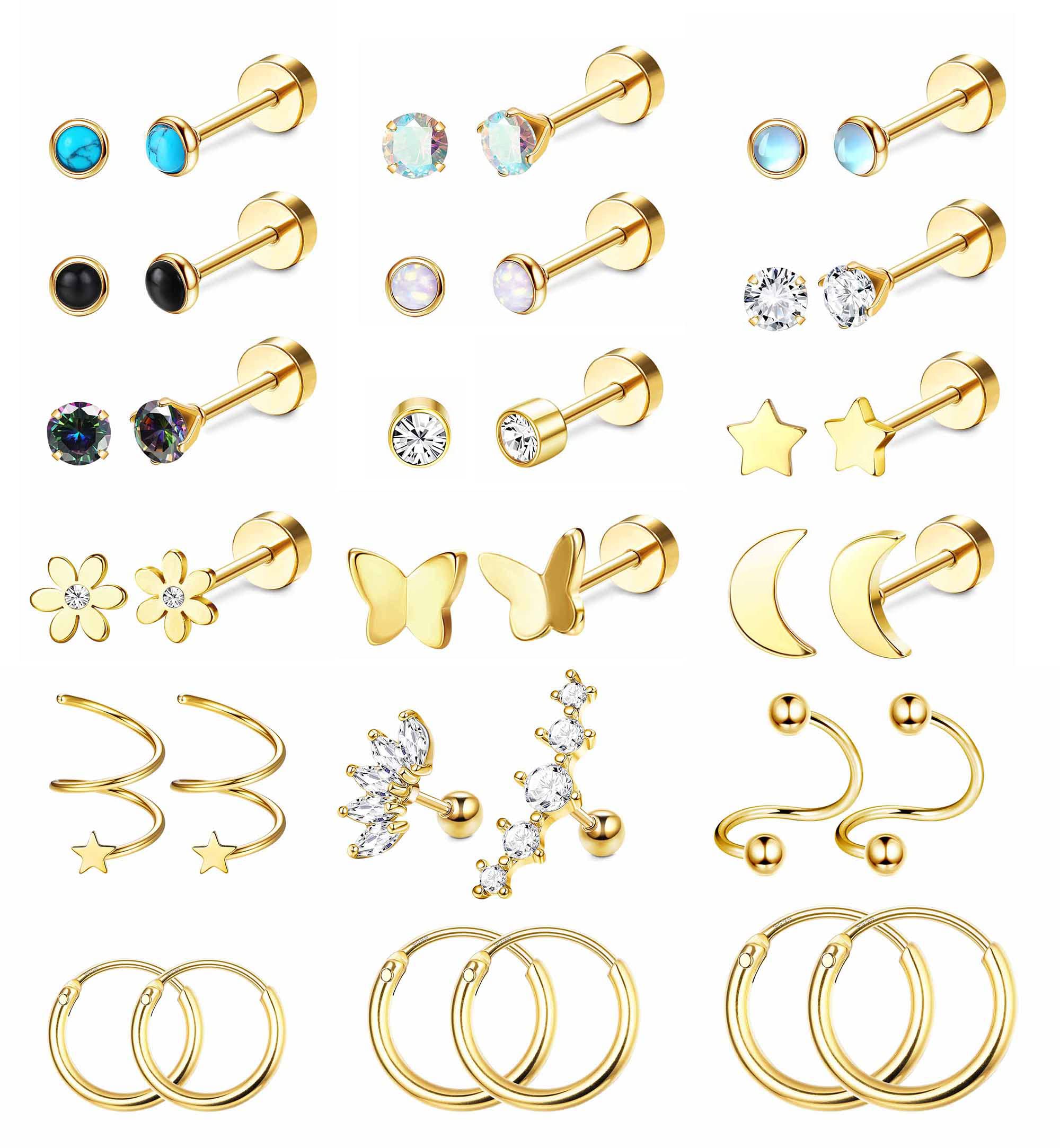 FIOROYAL 36Piezas Pendientes Acero Quirurgico Mujer Cartílago Hélice Pendientes Studs Aros Set Hipoalergénico Estrella Luna CZ Pendientes Pequeños para Niñas Tragus Oreja Piercing Joyería Plata Oro