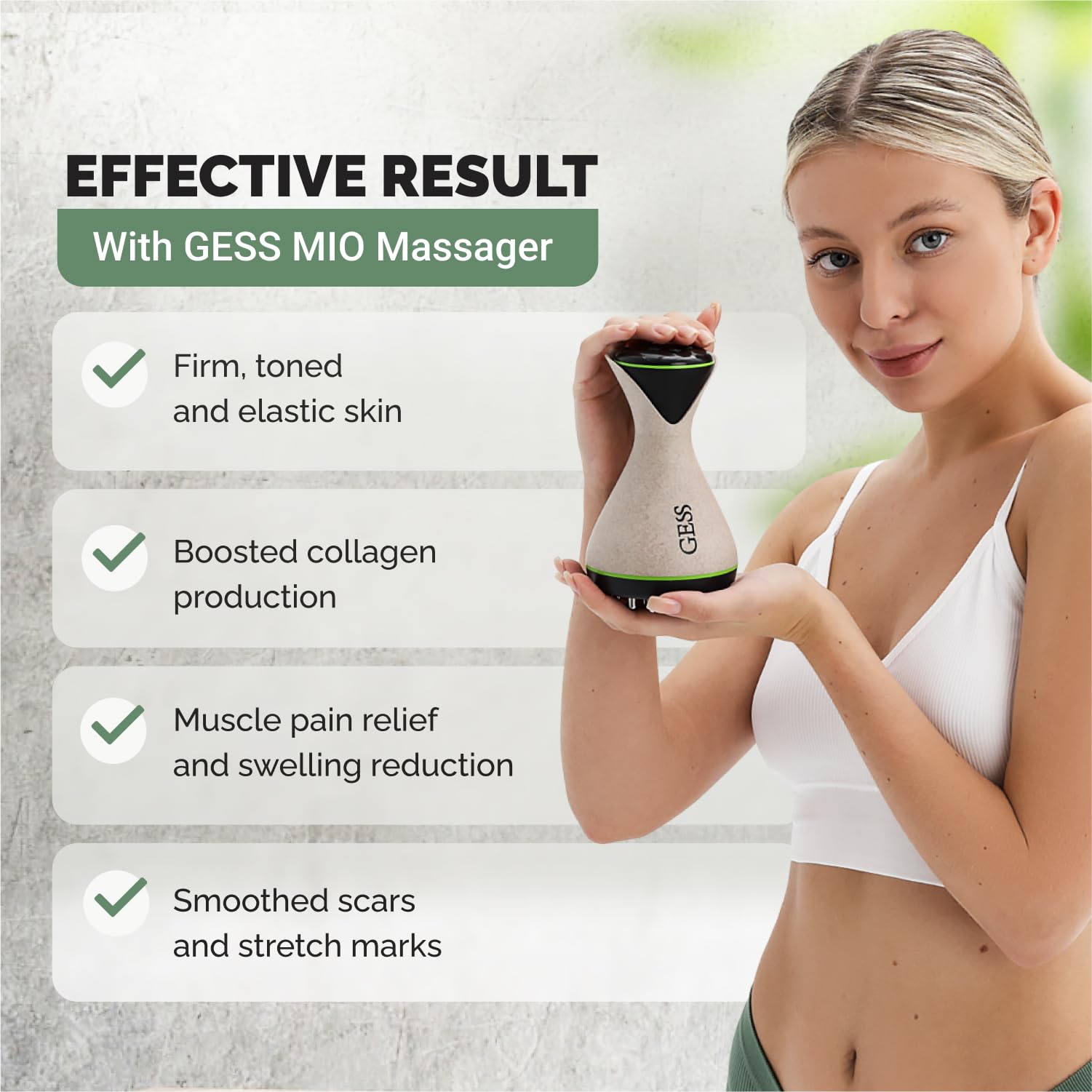 GESS MIO Massaggiatore EMS per Modellare e Tonificare Corpo - 9 Modalità di Intensità, Anti-Cellulite, Massaggio Vibrante per Gambe, Glutei, Collo e Detox