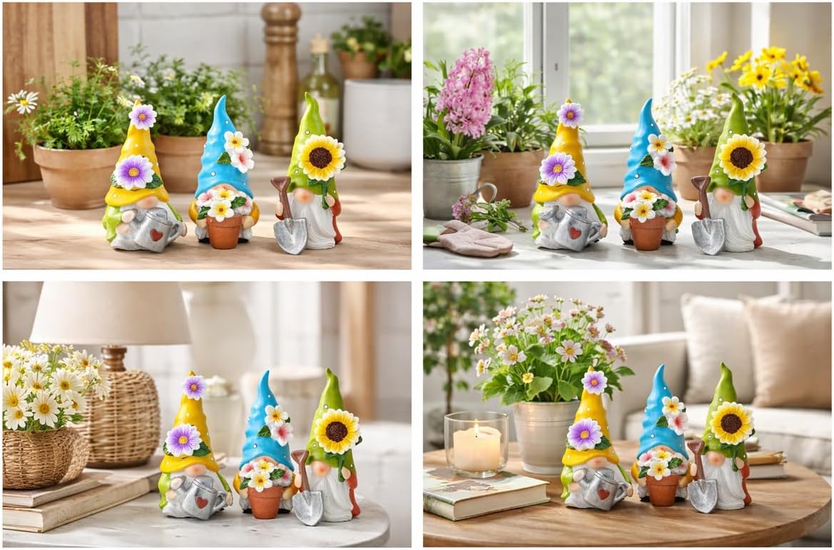 Hodao Spring Decorations for Home - Colorful Garden Gnomes Figurines with Flowers & Tools – Spring Summer Indoor Decor for Table, Lawn, Window Sill – Gift for Garden Lovers