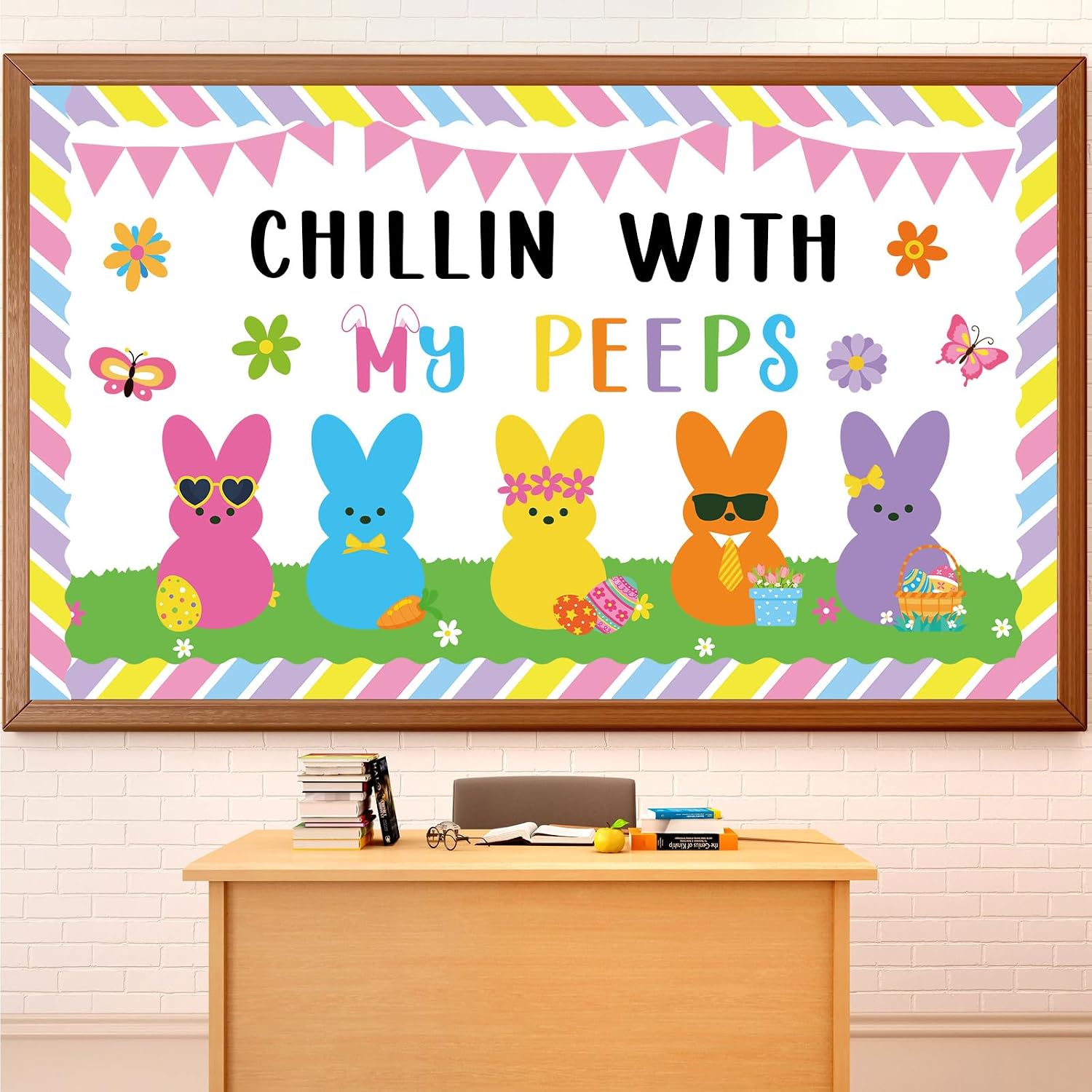 Easter Bunny Bulletin Board Set Easter Bunny Classroom Decoration Colorful Eggs Spring Bunny Flower Paper Cutouts for Spring Party Supplies School Classroom Home Office Nursery Chalkboard Wall Decor