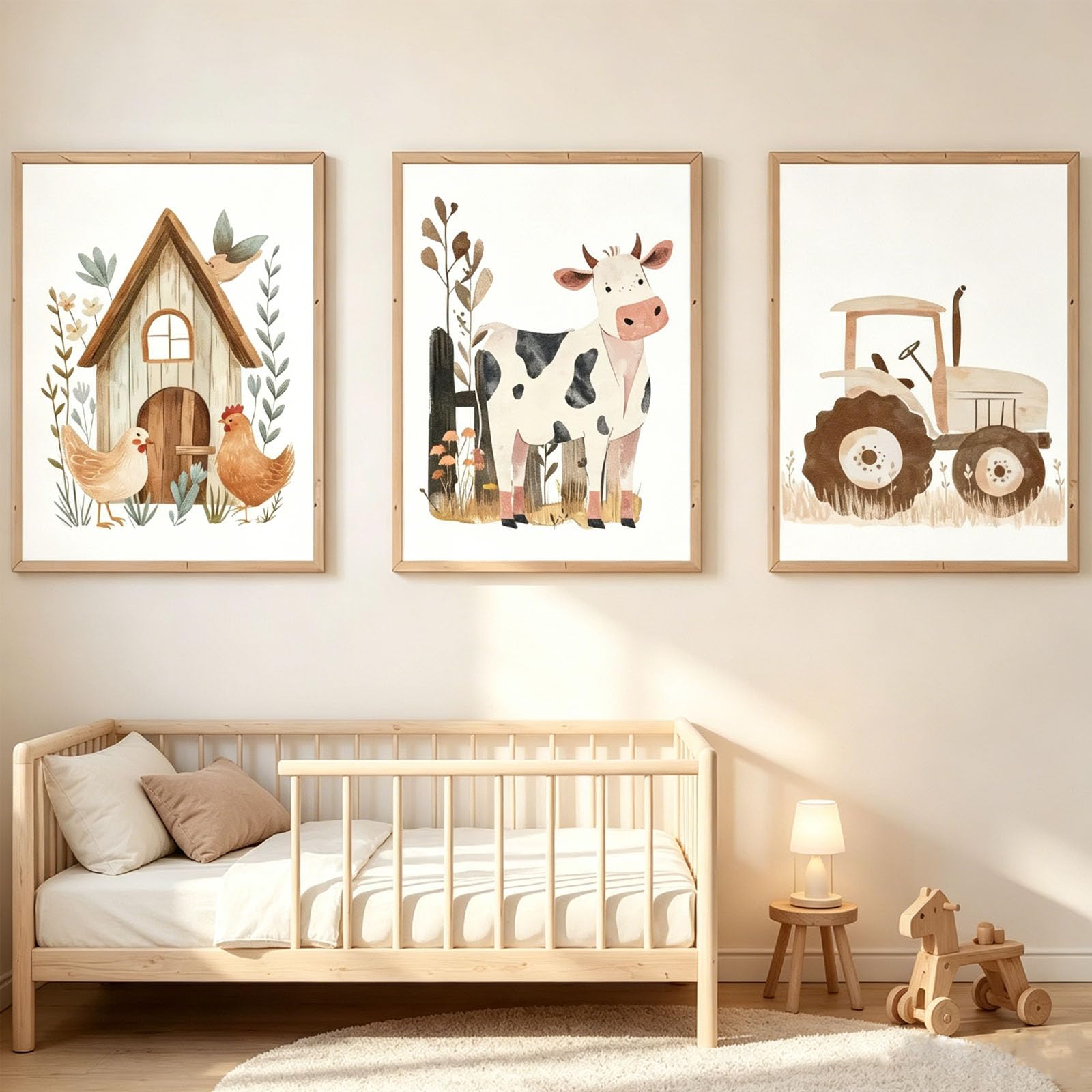 JORCEDI 3-Piece Poster Set Farm Children's Room, Watercolor Motifs with Tractor, Cow & Chicken Coop Soft pastel colors, ideal decoration for baby and children's rooms, unframed (21 * 30cm)