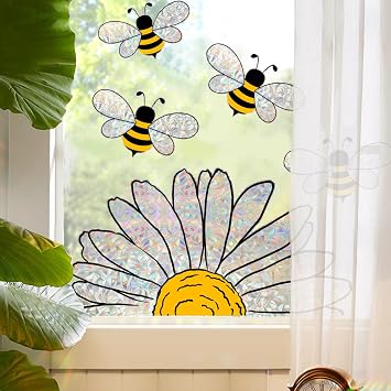 Double-Sided Sunflower Bee Window Clings, Spring Summer Static Stickers with Rainbow Prism Effect, Reusable Glass Decals for Home Office School Shop Window Mirror Decor