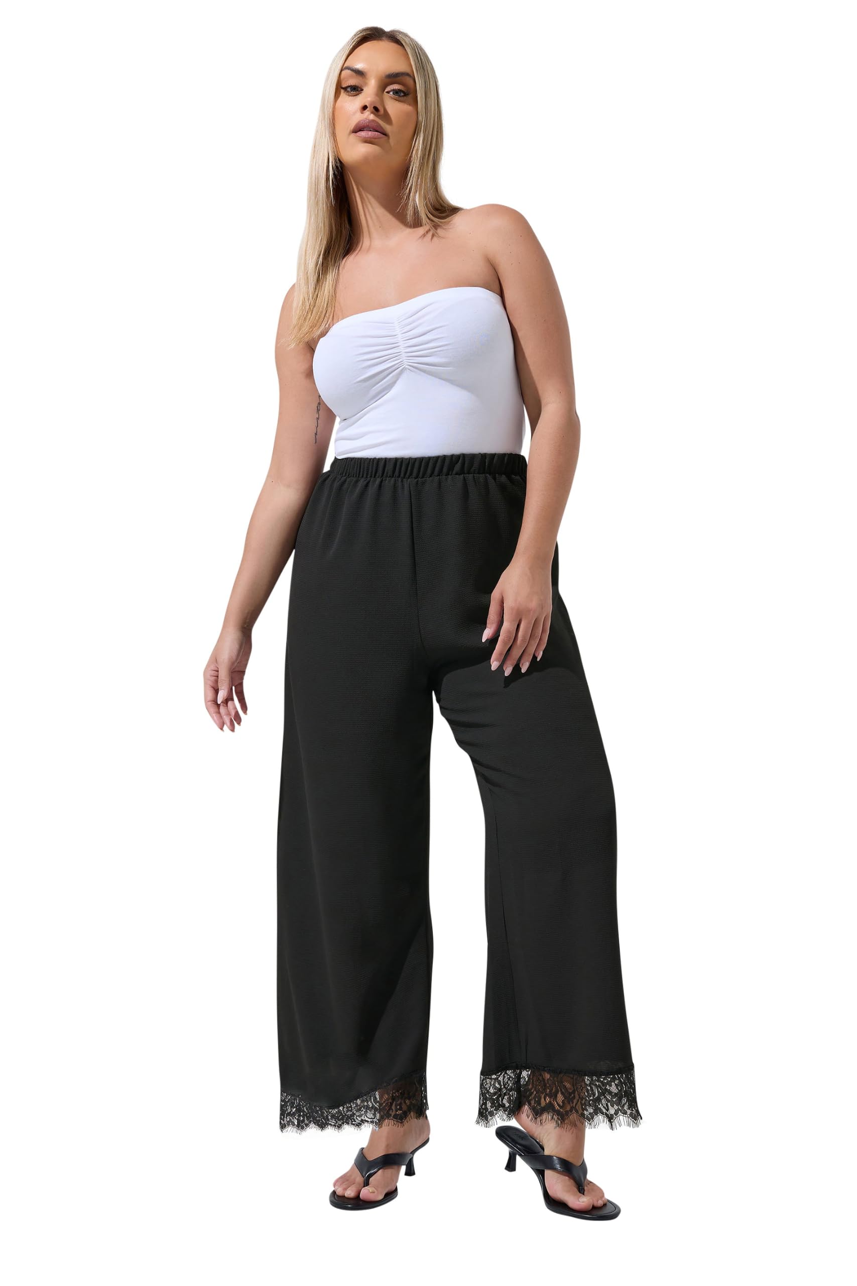 Yours Women's Black Lace Hem Wide Leg Trousers In | Size: 22/24