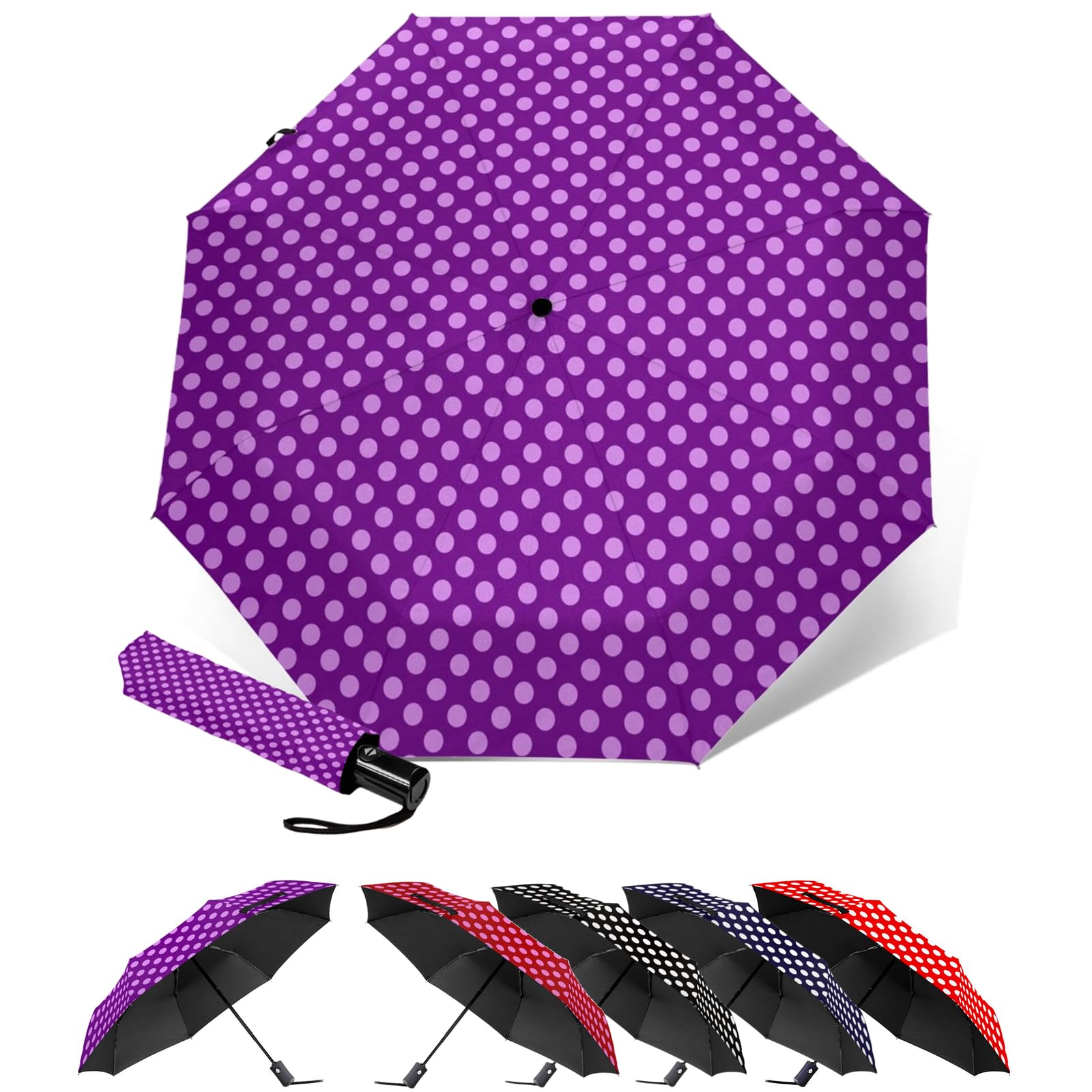 Septrainbow Polka Dot Folding Umbrella for Women, Auto Open Close Compact Umbrella, UPF 50+ Sun Protection, Lightweight Wind-Resistant Travel Umbrella