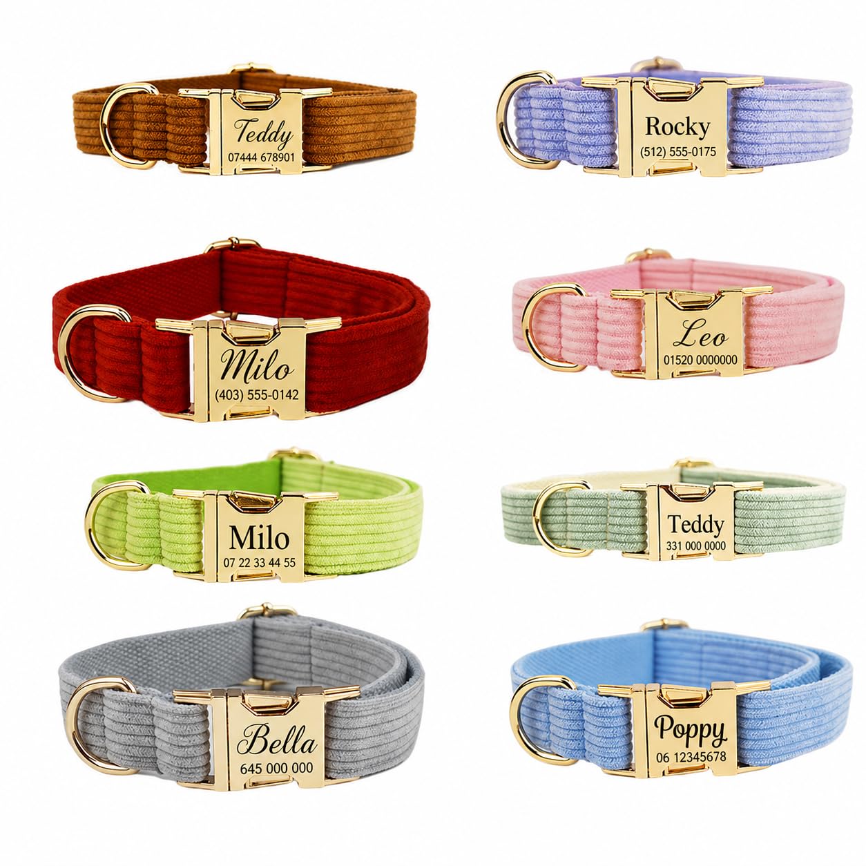 Kiyanest Personalised Corduroy Dog Collar, Adjustable Custom Pet Collar with Name and Phone Number, Metal Buckle Colour Options, Collar Lead Harness and Full Set