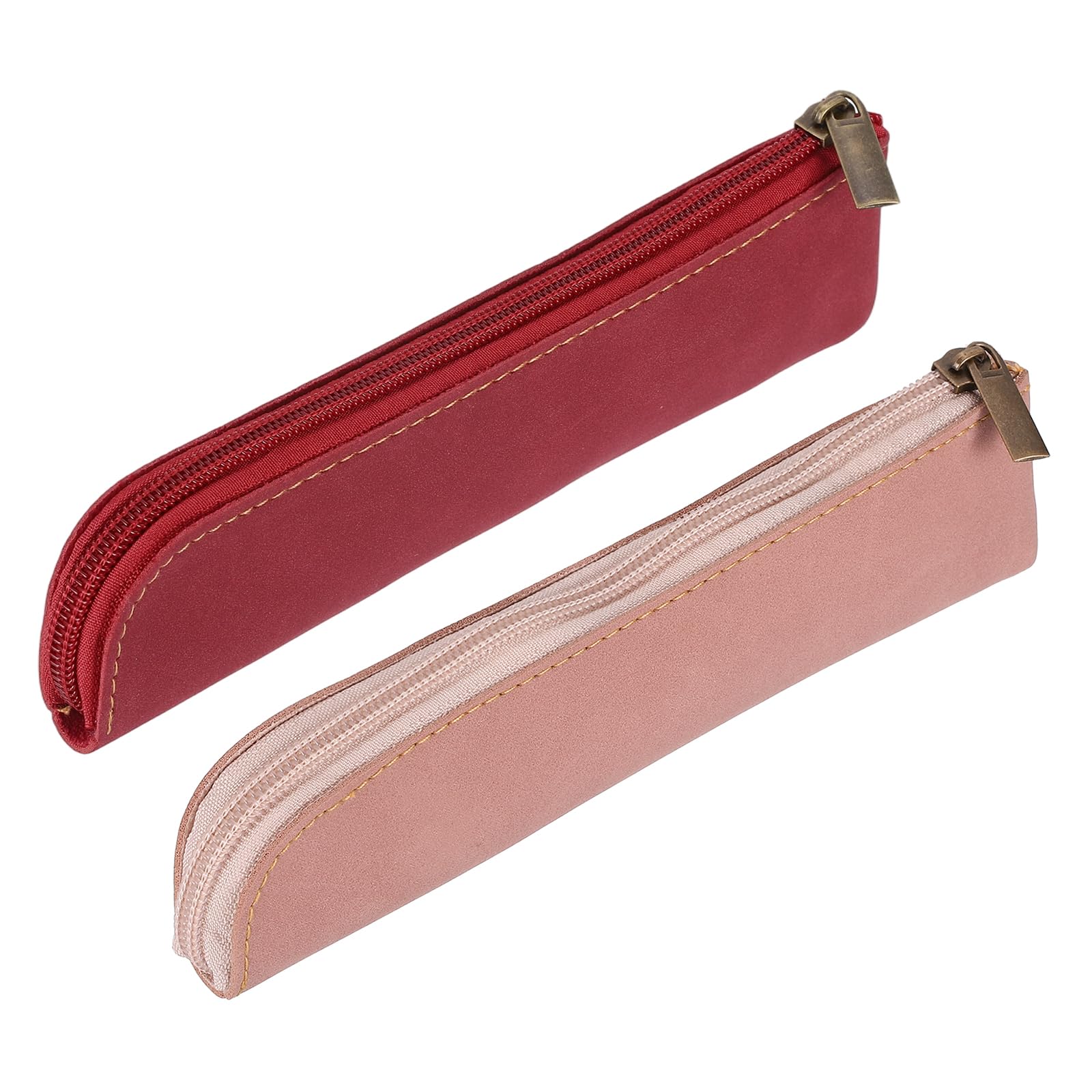PATIKIL 205x55mm PU Leather Pencil Case, 2 Pcs Small Pen Pouch, Slim Pencil Case with Zipper Vintage Sanded Texture Stationery Bag for Women Men, Pink/Burgundy