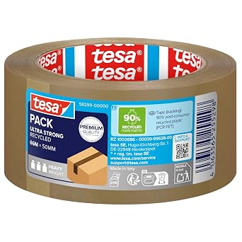 tesapack Eco and Ultra Strong Packing Tape - Made from Reprocessed Material - Securely Seals Parcels Weighing up to 30 kg - 1 Roll, 50m x 50mm