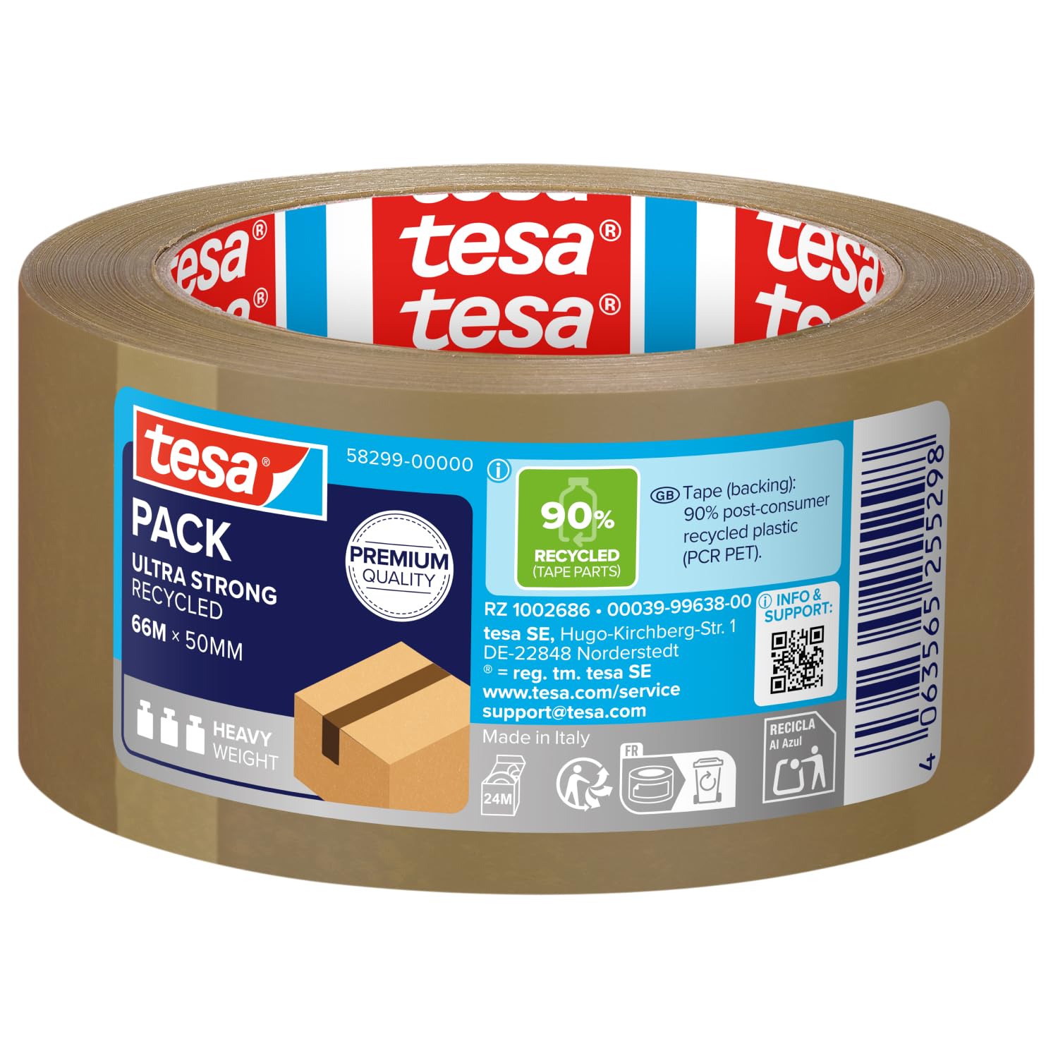 tesapack eco & ultra strong taśma do paczek - taśma samoprzylepna z materiału pochodzącego z recyklingu - bezpiecznie zakleja paczki o wadze do 30 kg - 1 rolka 50 m x 50 mm
