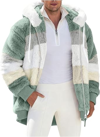 Mens Winter Fuzzy Fleece Jacket Hooded Color Block Patchwork Zip Up Warm Cardigan Coats Outerwear with Pockets