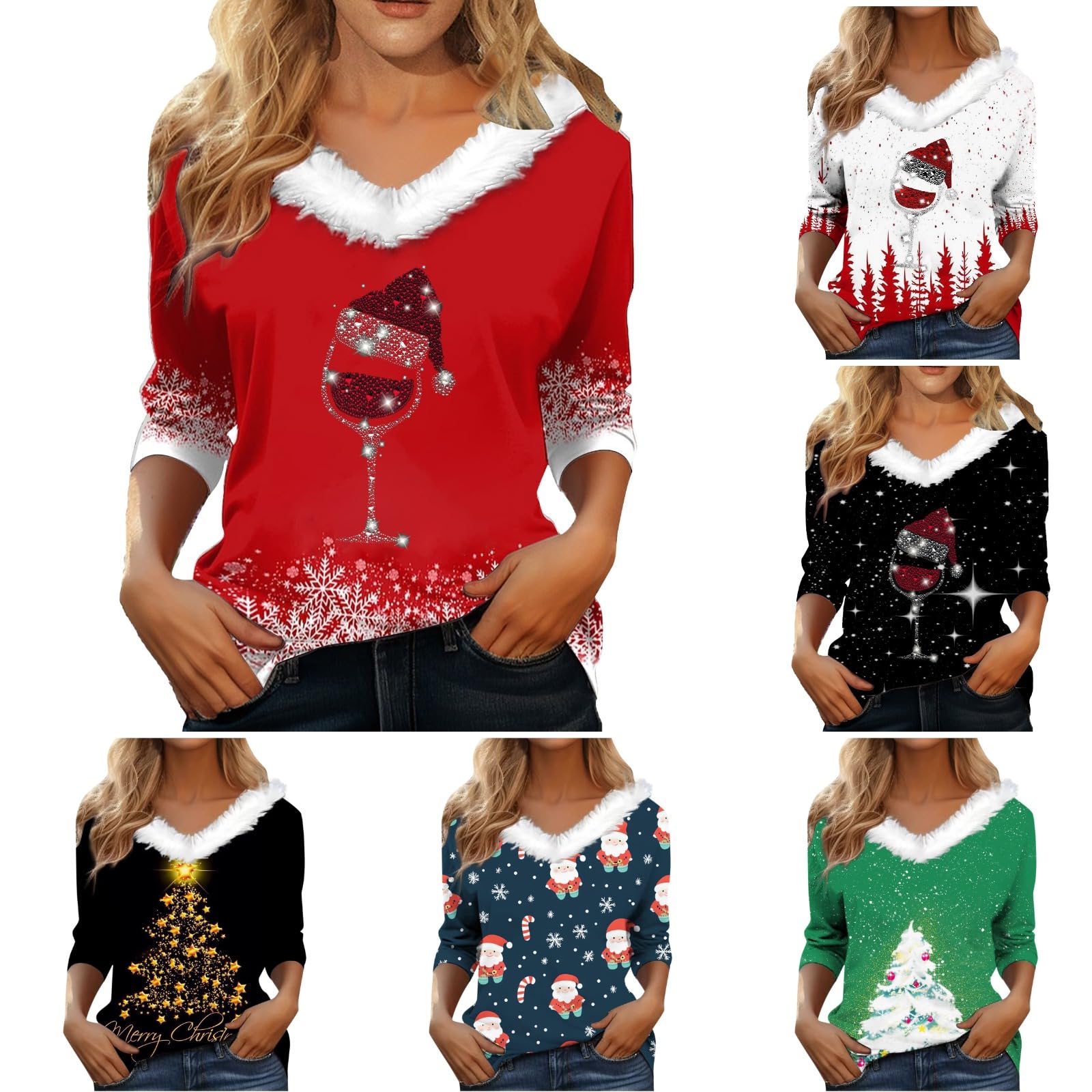 Pull De Noël Femme Drôle - Manches Longues, Col V Avec Fourrure - Imprimé Festif, Confortable - 3