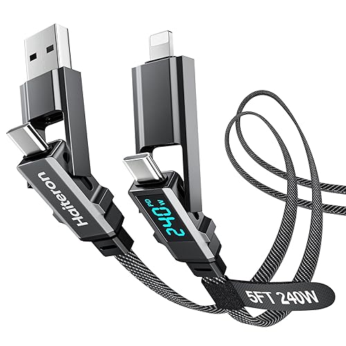 Vista 9 de Cable de carga 4 en 1 de 3 pies, 240 W USB C a USB C, cable de carga rápida trenzado plano para iPhone, cable de carga USB A/C a C/L con pantalla