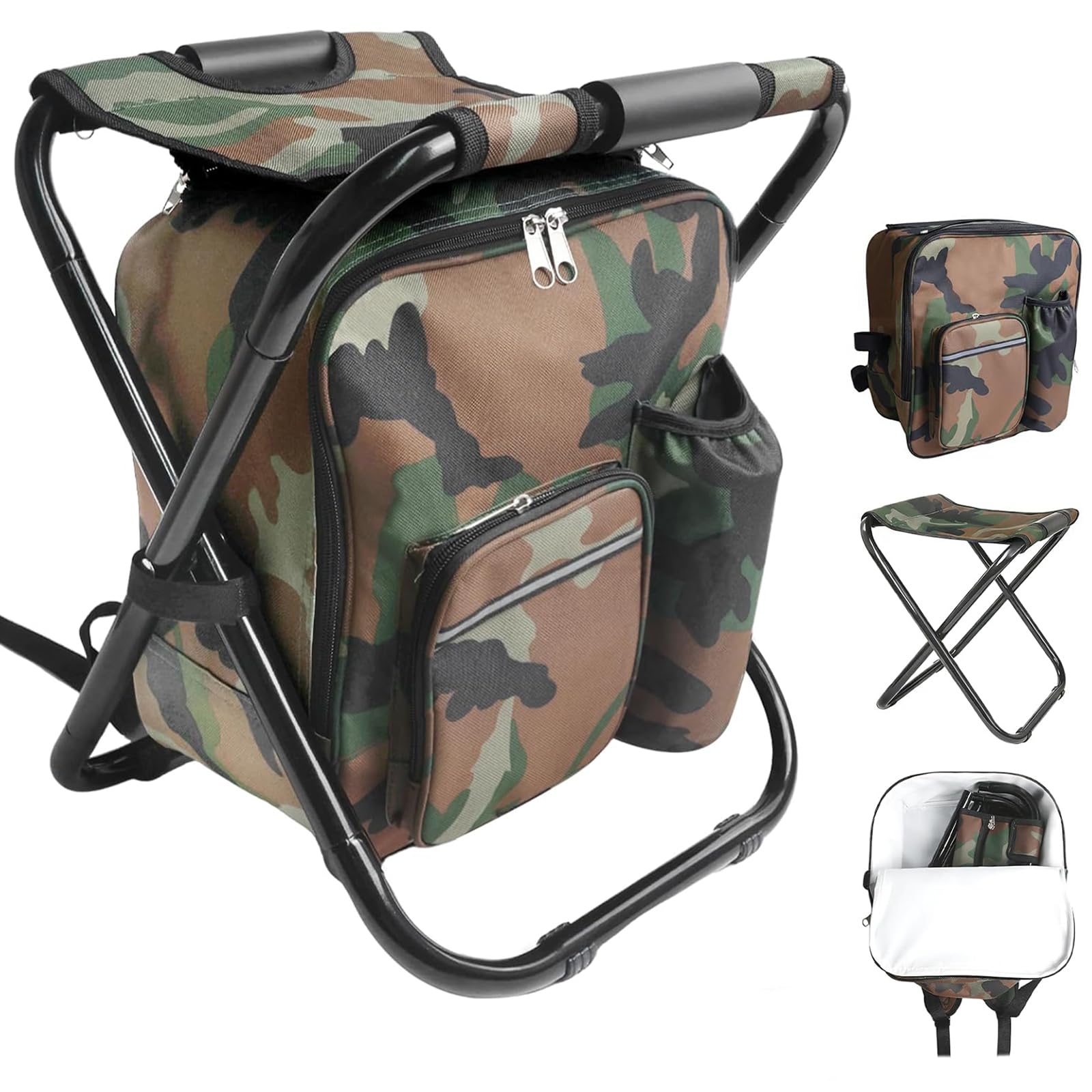 Storystore Foldable Camping Chair Stool Backpack with Cooler Insulated Picnic Bag, Detachable Portable Hiking Seat Table Bag for Outdoor Indoor Fishing Travel Beach BBQ (Camouflage)