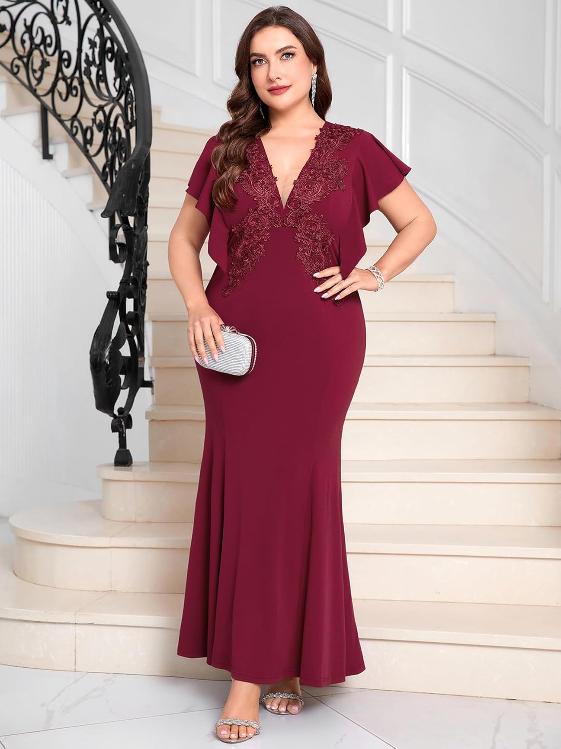 ZOMVA Plus Size 0X-4X Deep V Neck Mermaid Maxi Dress Lace Appliques Ruffle Sleeve Bodycon Dresses Prom Evening Gown