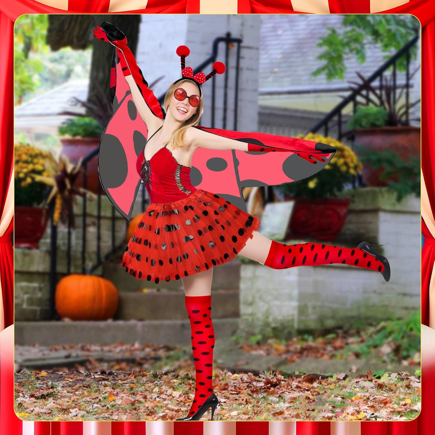 6 Pcs Christmas Ladybug Costume Women Include Red Black Polka Dots Ladybug Skirt Cloak Stockings Gloves Glasses Ladybugs Antenna Headband for Woman Halloween Costume Party Role Play Costumes - Image 5