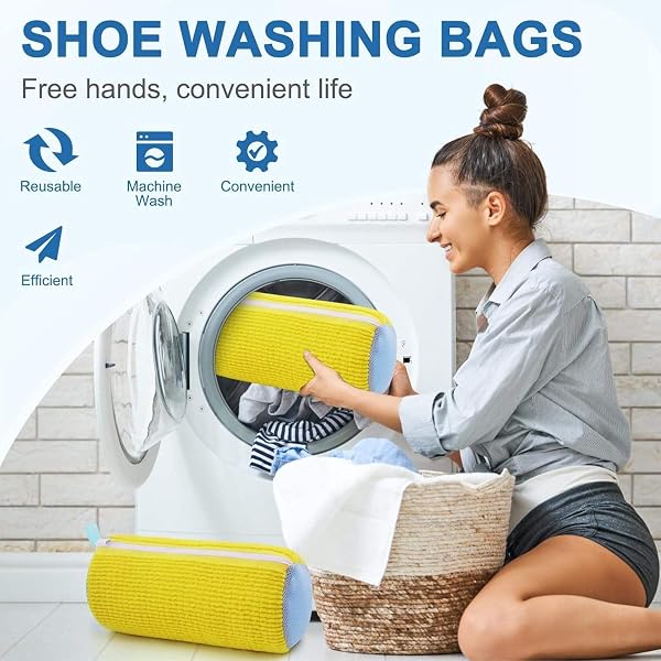 2 sacchetti per lavatrice, protezione per scarpe da lavanderia per lavatrice, borsa per scarpe da ginnastica, per la pulizia della casa e la cura delle scarpe, giallo - 3
