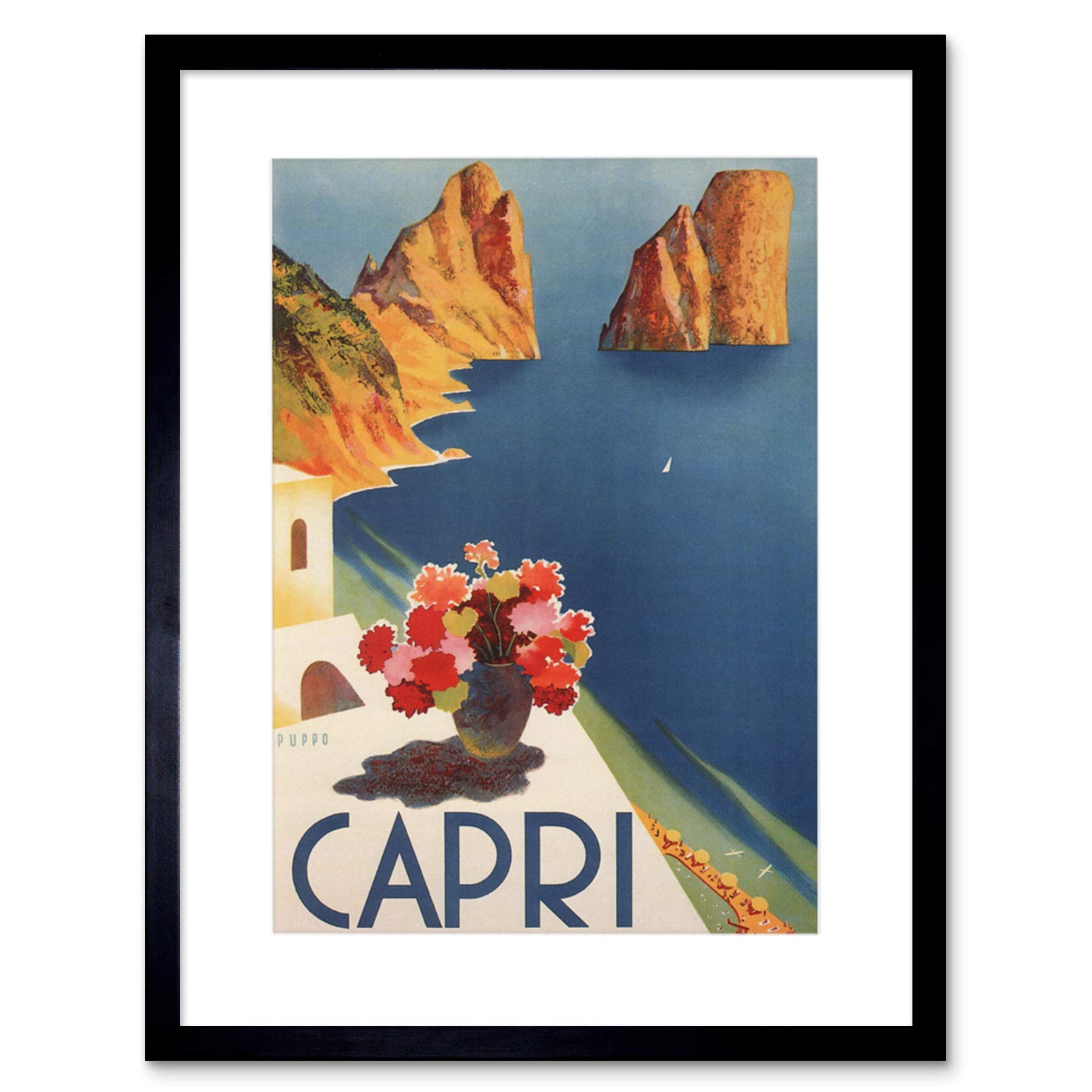 Wee Blue Coo Travel Tourism Italy Capri Island Sun Flowers Sea Framed Wall Art Print