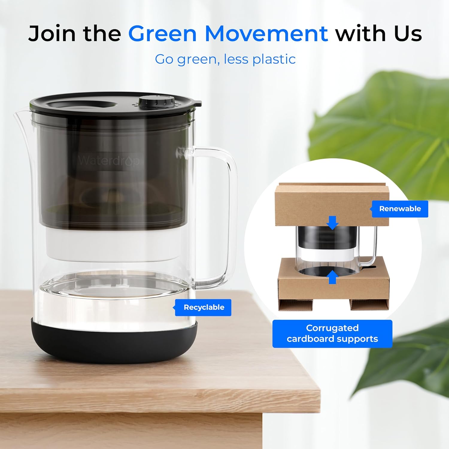 Waterdrop Large Glass Water Filter Pitcher, Eco-Friendly, with 1 NSF 53&42&372 Certified Filter, 10-Cup, Reduces PFOA/PFOS, Chlorine, Cadmium, Copper, Mercury, BPA Free, Easy to Clean, Black - Image 3